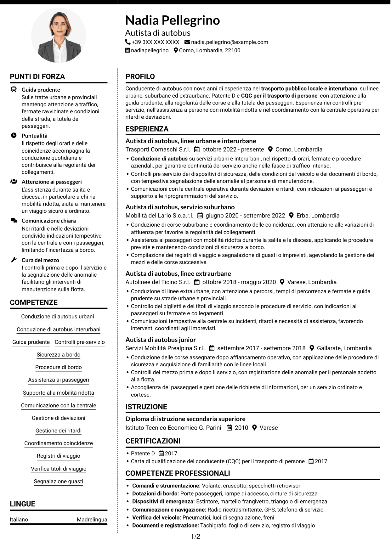 CV Moderno (formato a due colonne con foto a sinistra e separatore): Autista di autobus - Trasporto pubblico, pagina 1