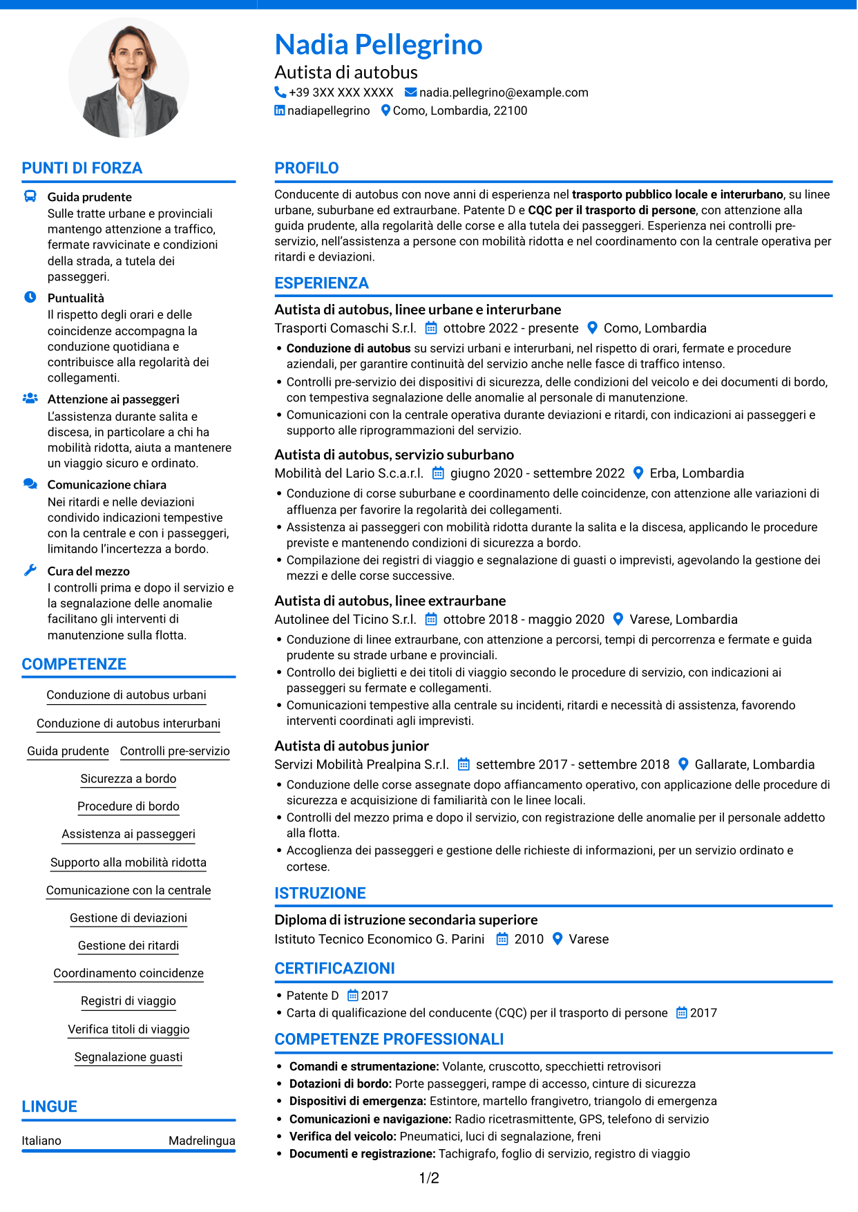 CV Audace (formato a due colonne con accenti colorati e foto): Autista di autobus - Trasporto pubblico, pagina 1
