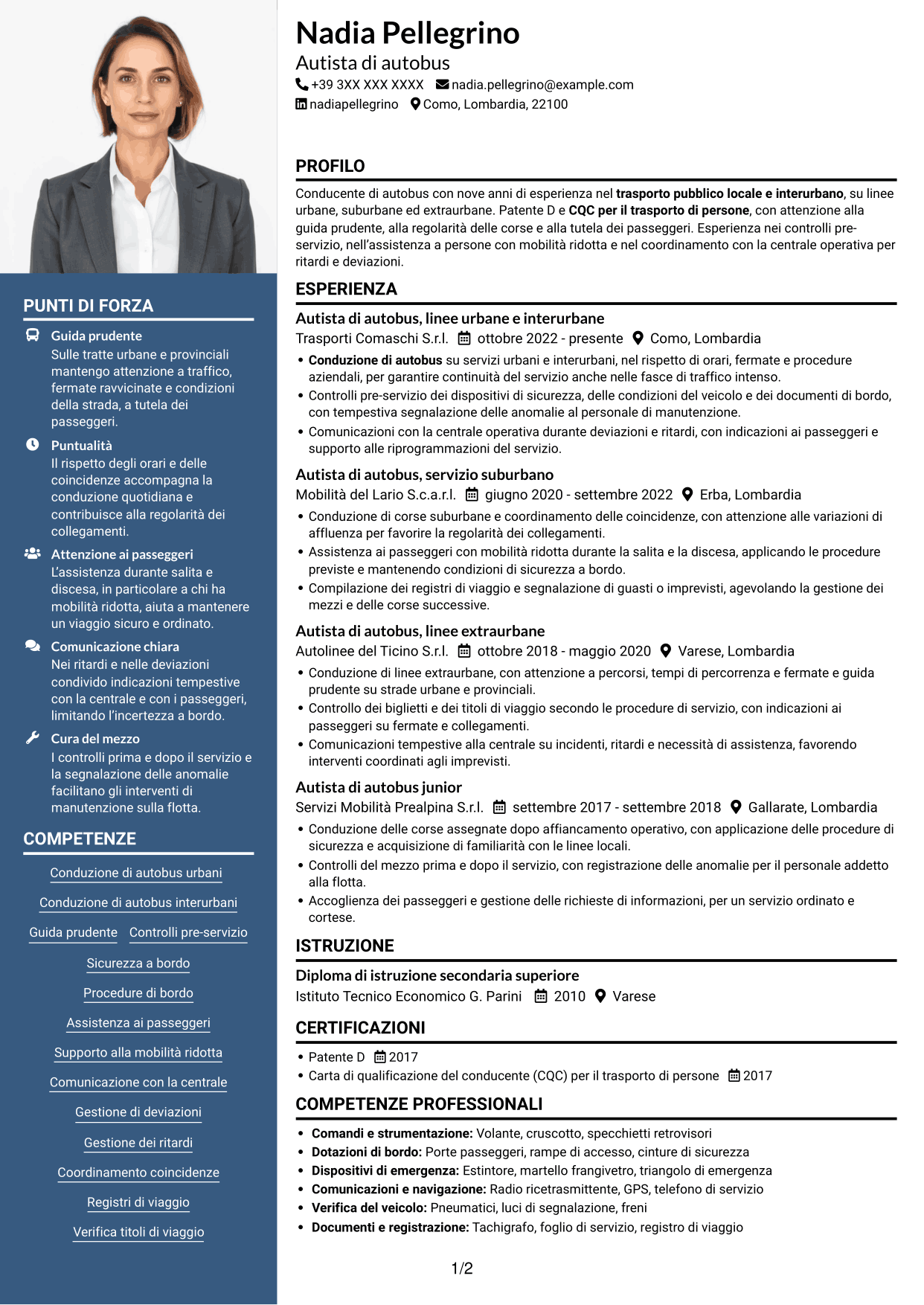 CV Signature (formato con colonna laterale colorata e foto grande): Autista di autobus - Trasporto pubblico, pagina 1