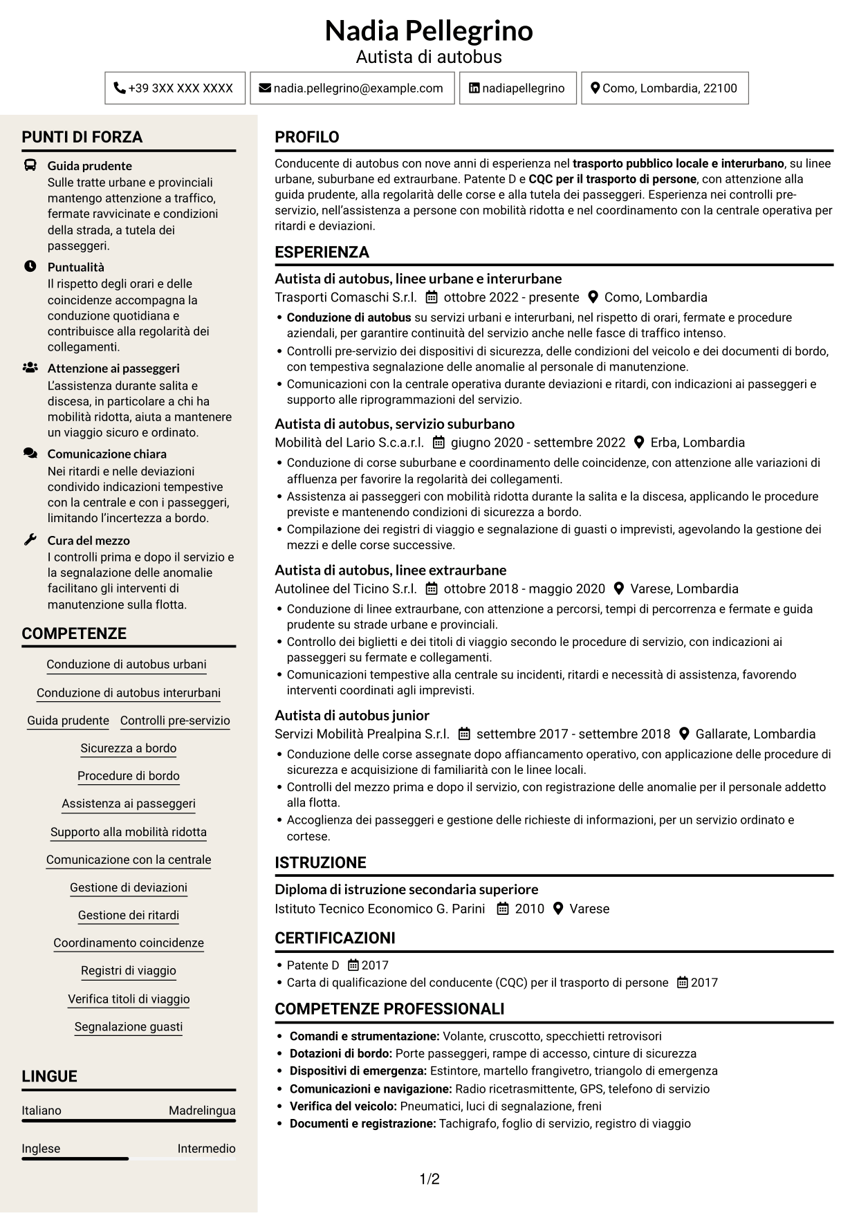 CV Intraprendente (formato a due colonne con intestazione centrata senza foto): Autista di autobus - Trasporto pubblico, pagina 1