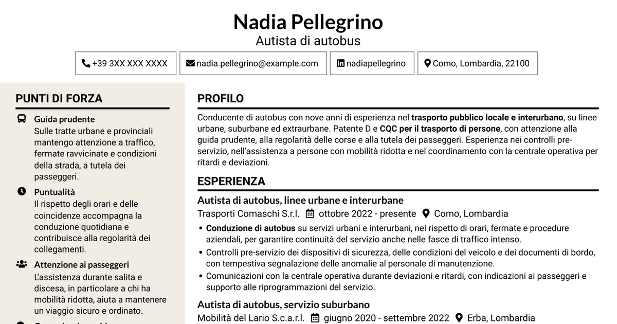 7 modelli di CV per Autista di autobus - Trasporto pubblico, con esempi