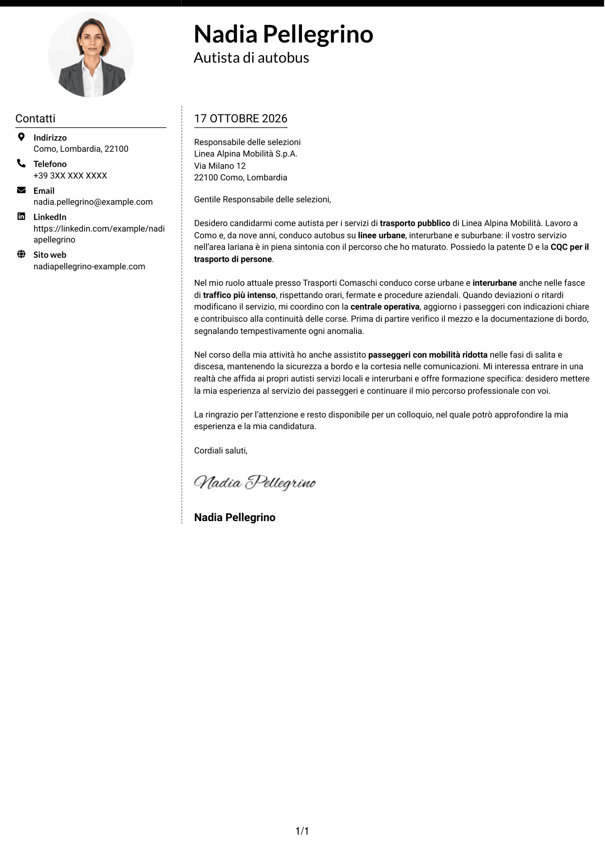 Lettera di presentazione Moderno (formato a due colonne con foto a sinistra e separatore): Autista di autobus - Trasporto pubblico, pagina 1