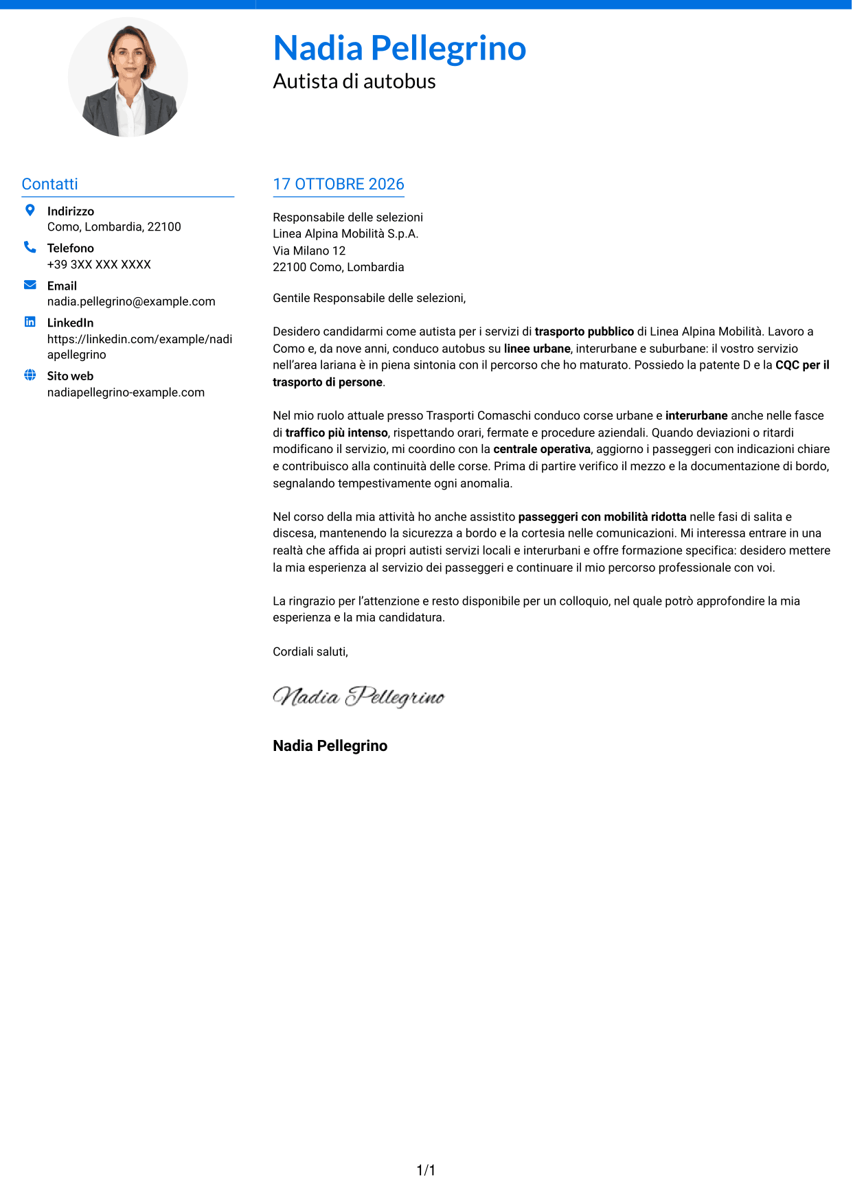 Lettera di presentazione Audace (formato a due colonne con accenti colorati e foto): Autista di autobus - Trasporto pubblico, pagina 1