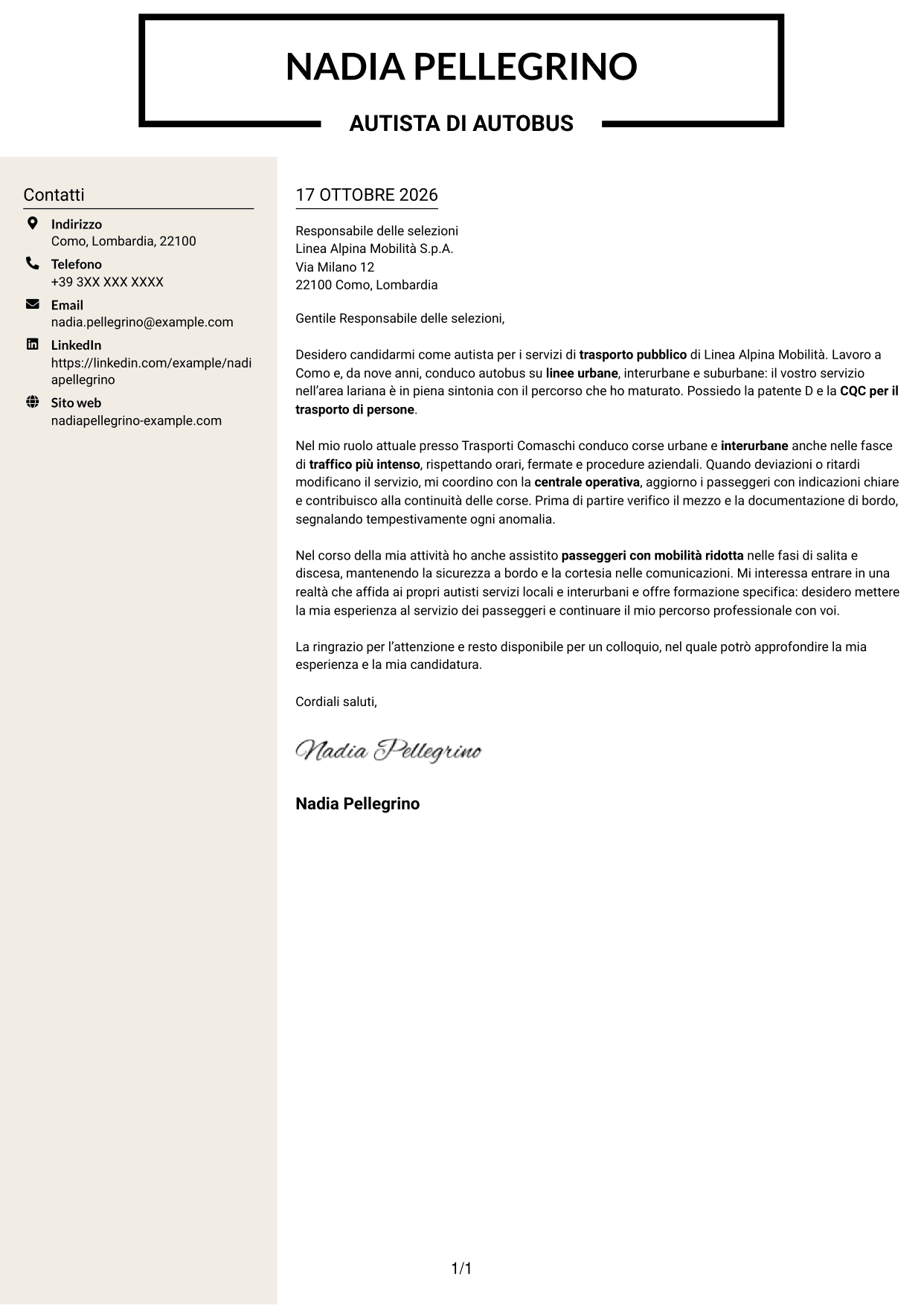 Lettera di presentazione Intraprendente (formato a due colonne con intestazione centrata senza foto): Autista di autobus - Trasporto pubblico, pagina 1