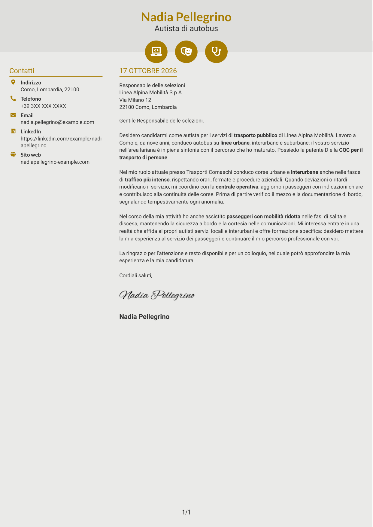 Lettera di presentazione Dinamico (formato a due colonne con icone): Autista di autobus - Trasporto pubblico, pagina 1