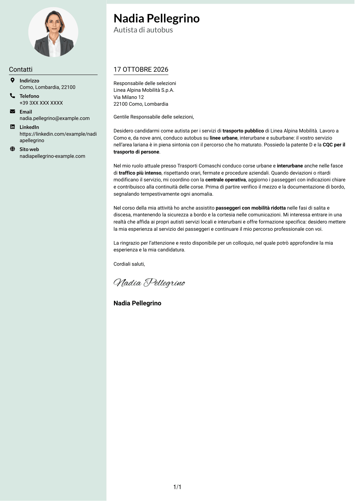 Lettera di presentazione Dirigente (formato con colonna laterale tenue e foto arrotondata): Autista di autobus - Trasporto pubblico, pagina 1