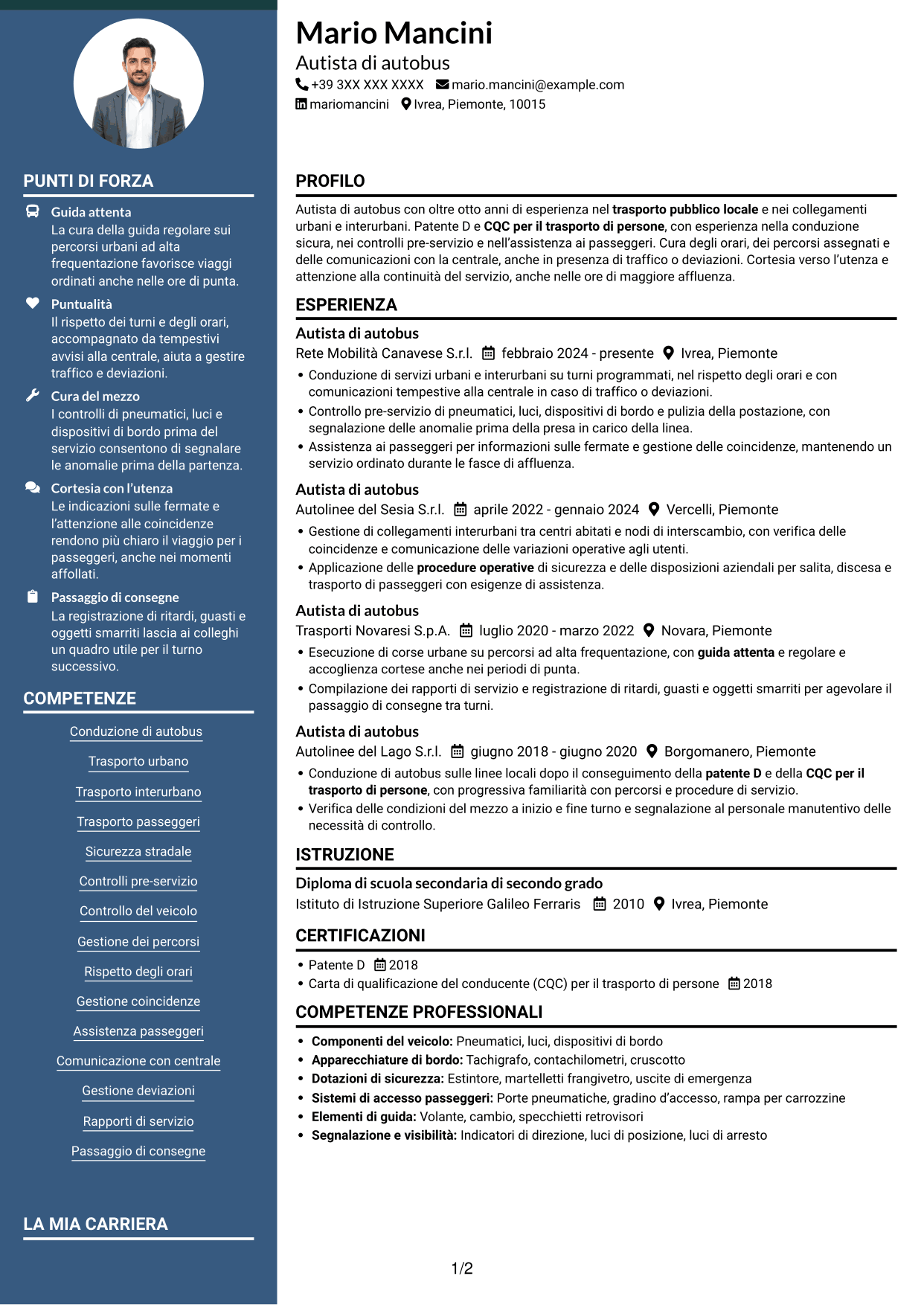 CV Elegante (formato con colonna laterale colorata e foto): Autista di autobus - Trasporto pubblico locale, pagina 1