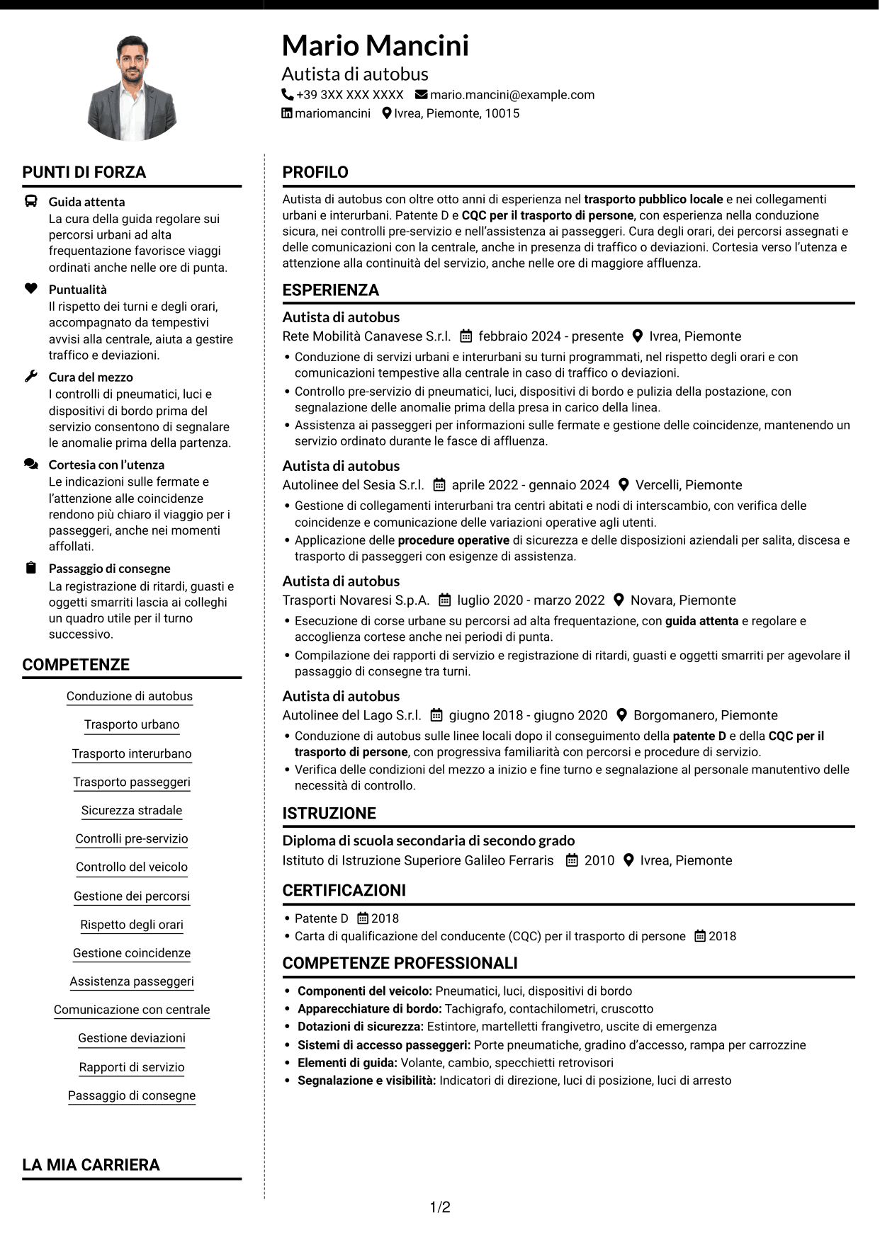 CV Moderno (formato a due colonne con foto a sinistra e separatore): Autista di autobus - Trasporto pubblico locale, pagina 1