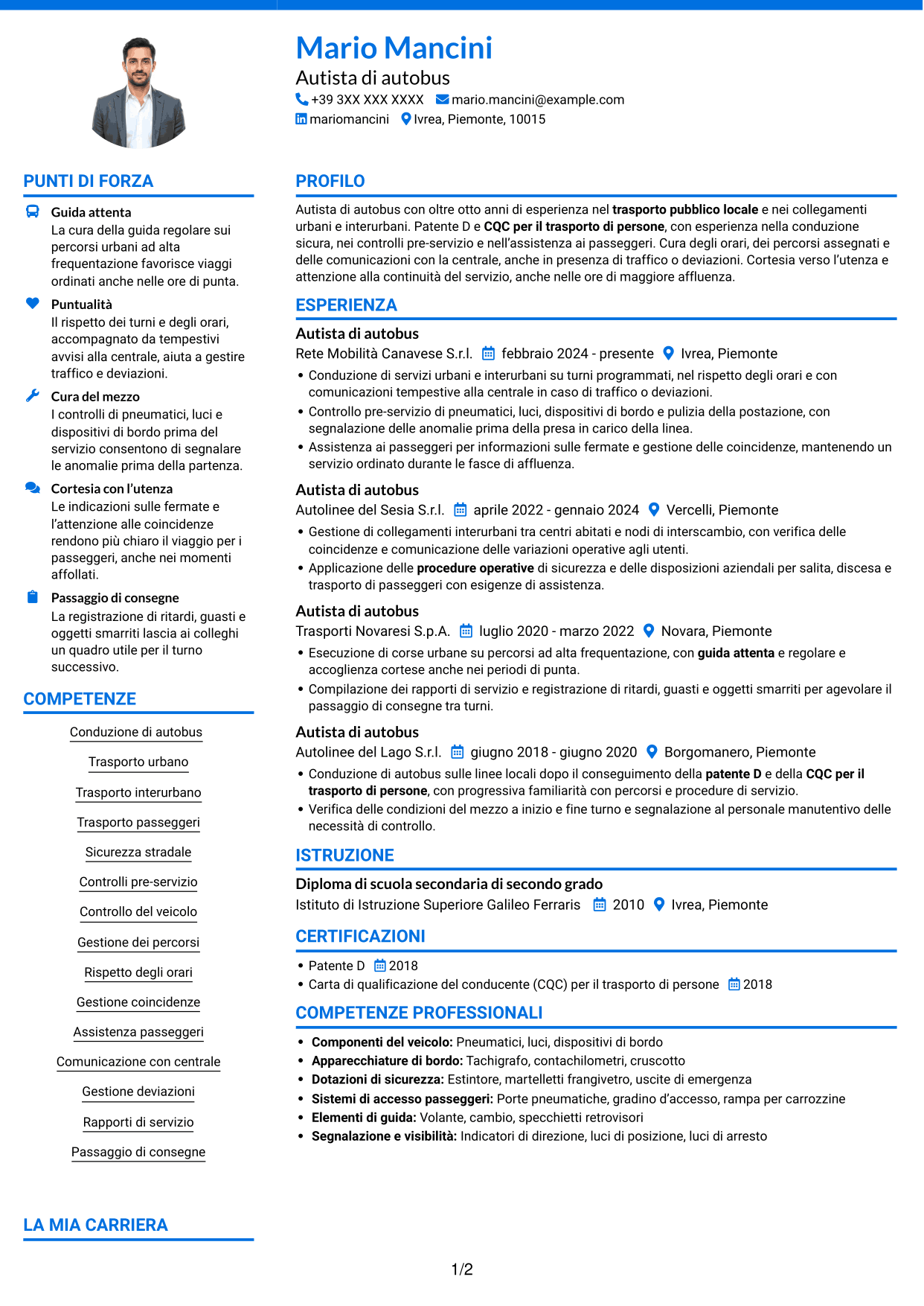 CV Audace (formato a due colonne con accenti colorati e foto): Autista di autobus - Trasporto pubblico locale, pagina 1