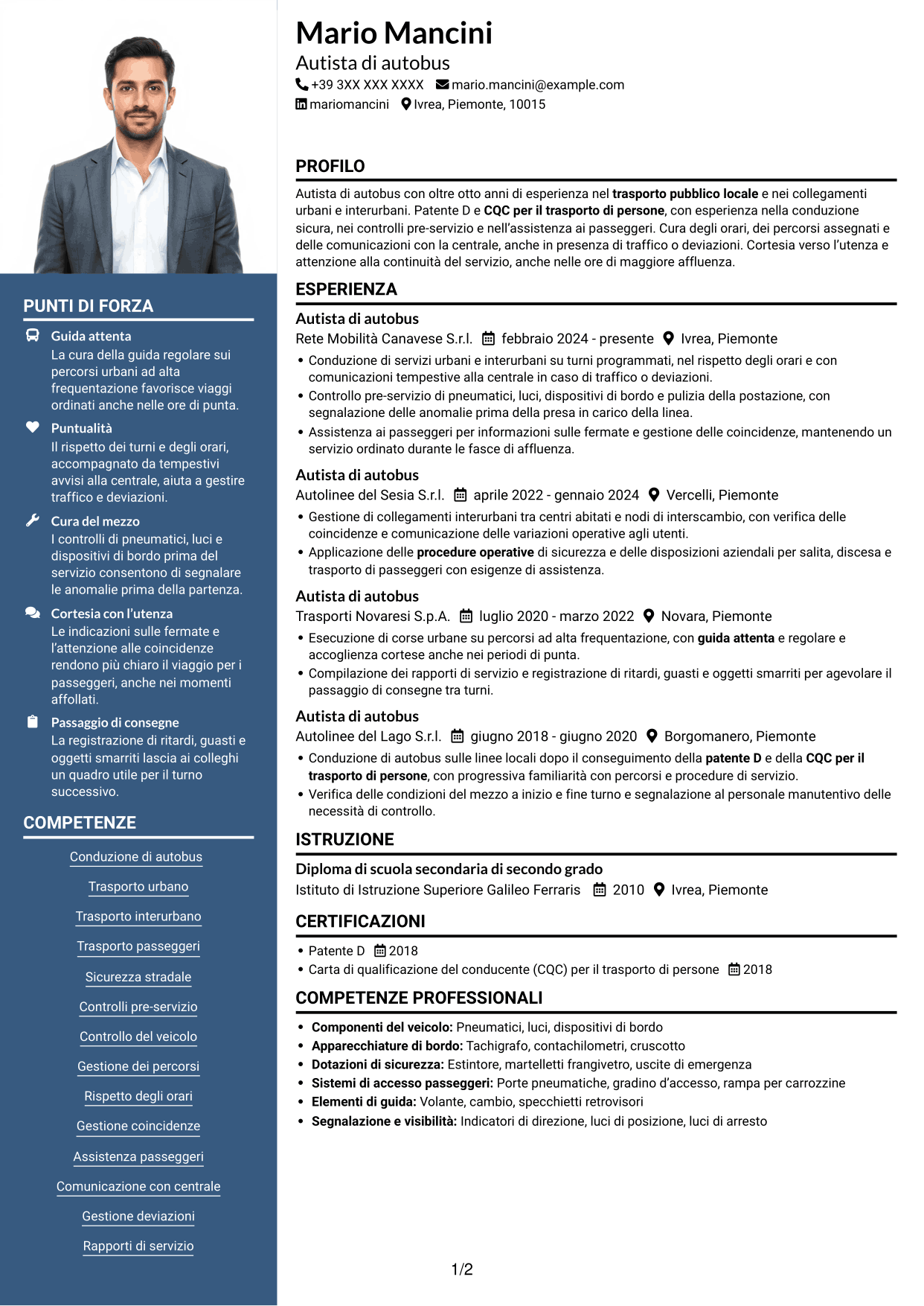 CV Signature (formato con colonna laterale colorata e foto grande): Autista di autobus - Trasporto pubblico locale, pagina 1