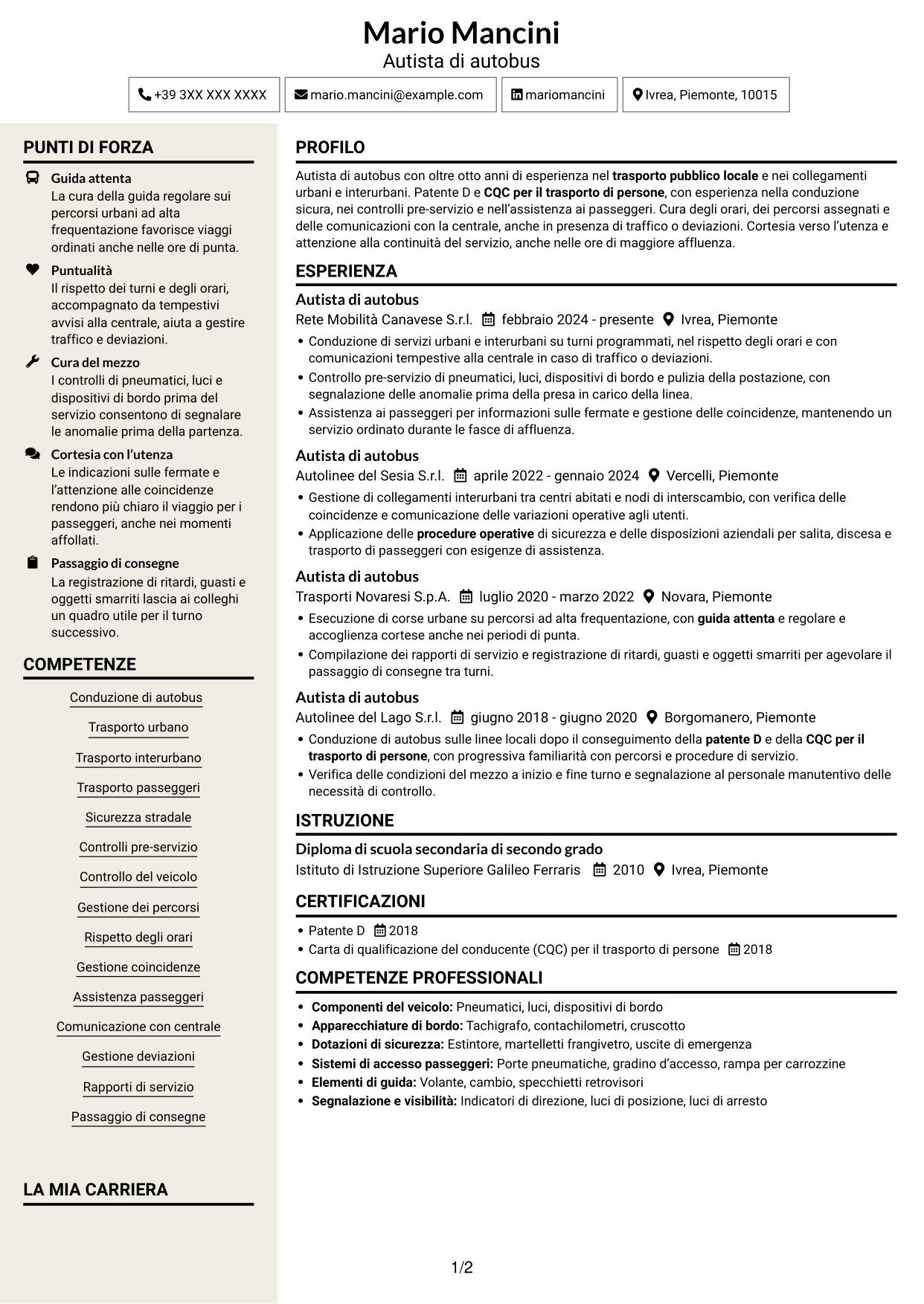 CV Intraprendente (formato a due colonne con intestazione centrata senza foto): Autista di autobus - Trasporto pubblico locale, pagina 1