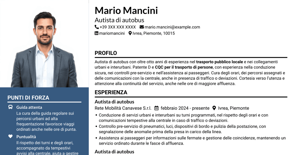 7 modelli di CV per Autista di autobus - Trasporto pubblico locale, con esempi