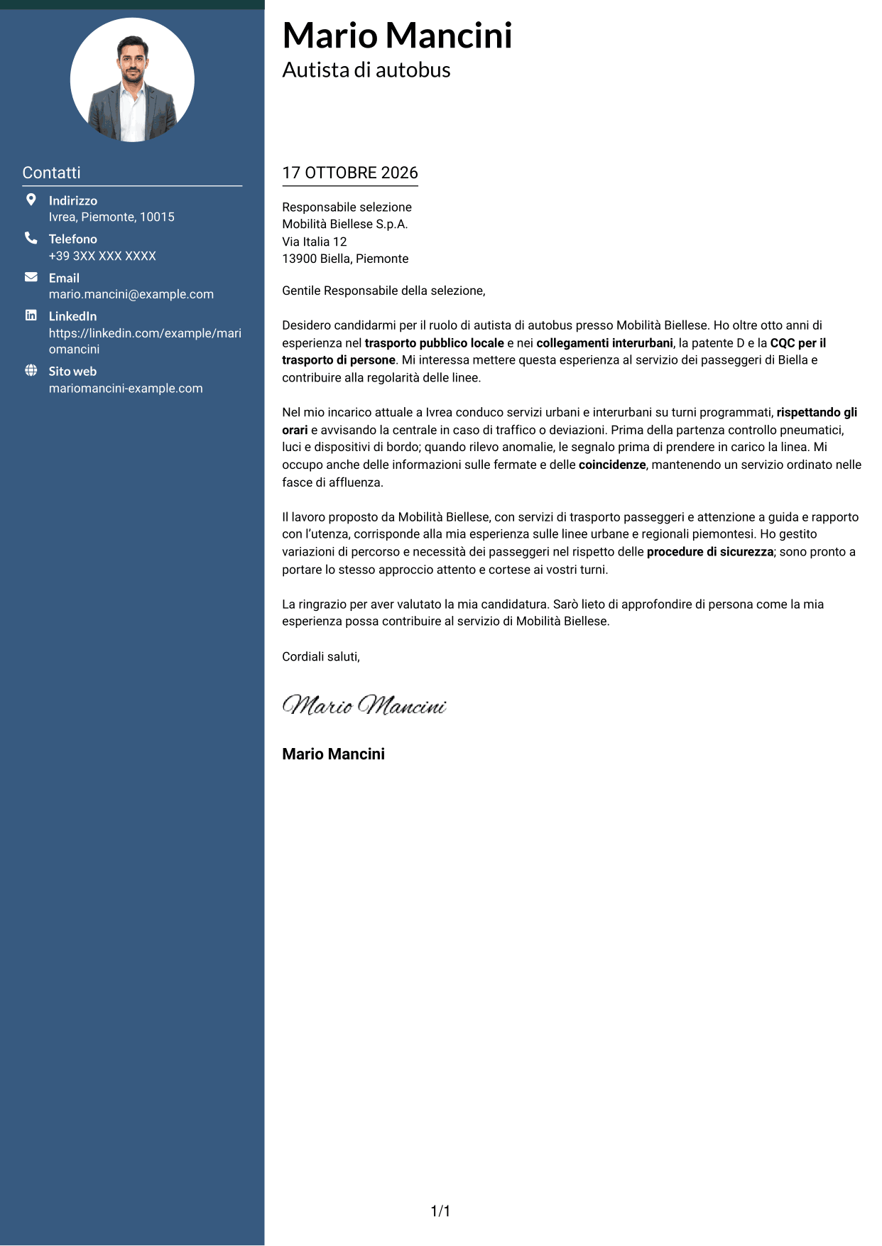 Lettera di presentazione Elegante (formato con colonna laterale colorata e foto): Autista di autobus - Trasporto pubblico locale, pagina 1