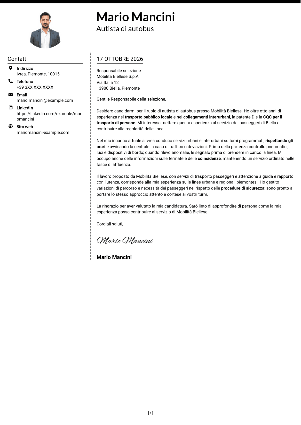 Lettera di presentazione Moderno (formato a due colonne con foto a sinistra e separatore): Autista di autobus - Trasporto pubblico locale, pagina 1