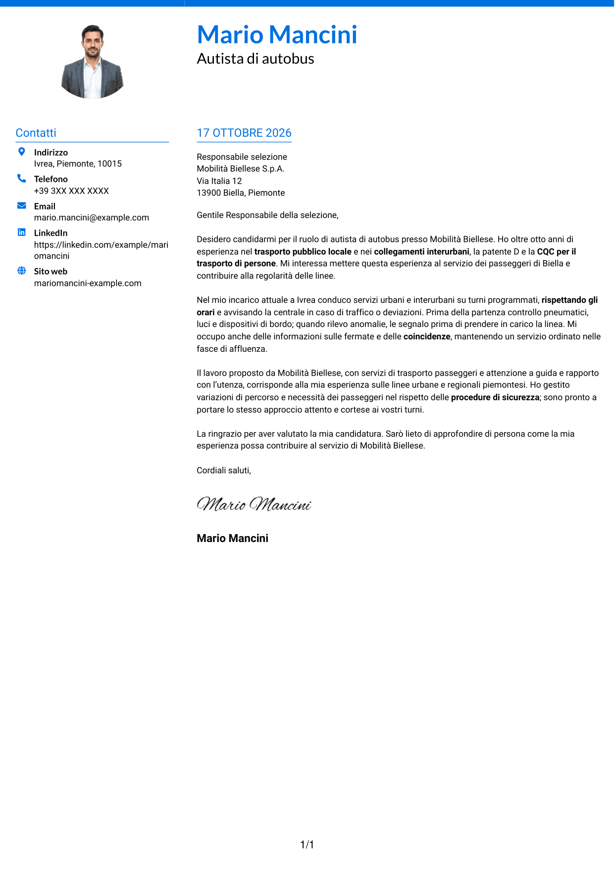 Lettera di presentazione Audace (formato a due colonne con accenti colorati e foto): Autista di autobus - Trasporto pubblico locale, pagina 1