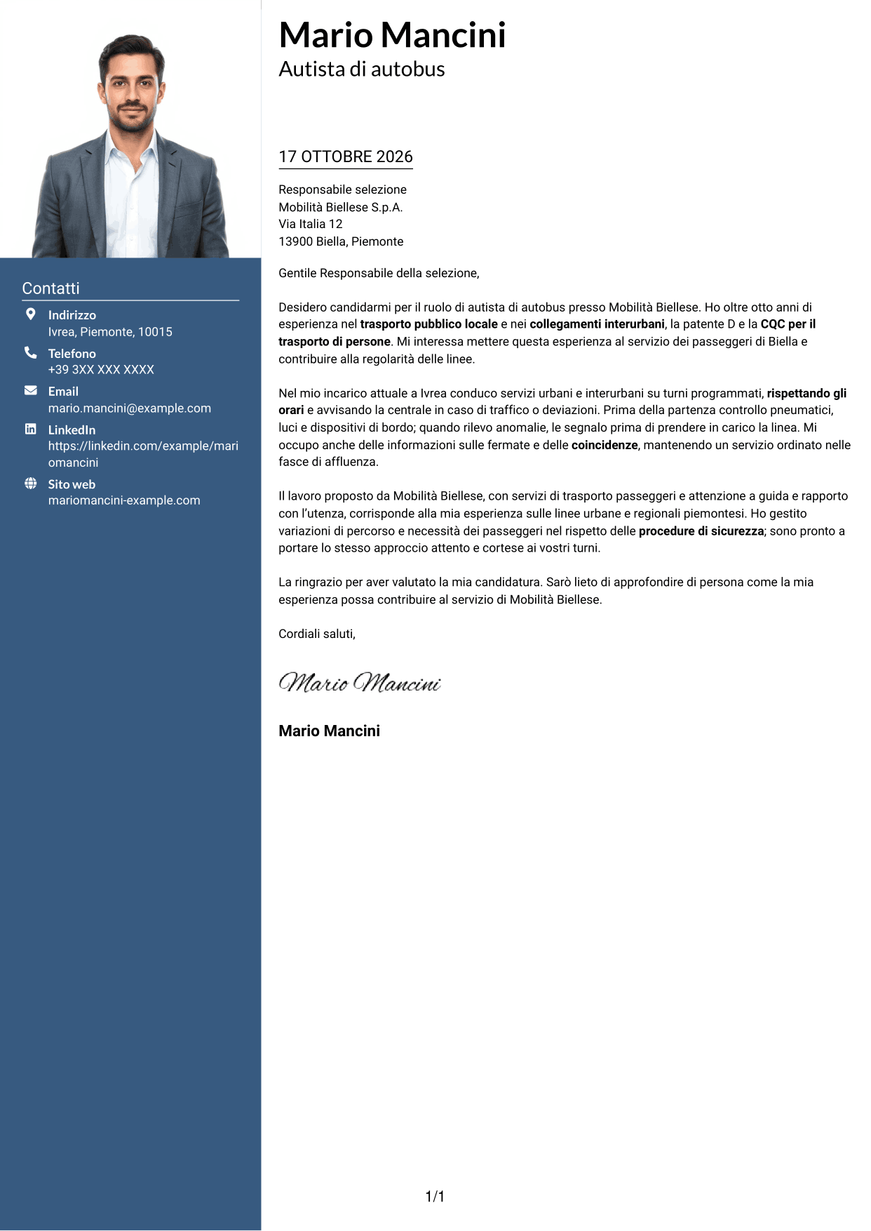 Lettera di presentazione Signature (formato con colonna laterale colorata e foto grande): Autista di autobus - Trasporto pubblico locale, pagina 1