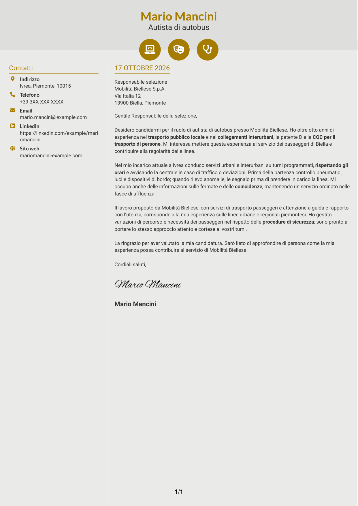 Lettera di presentazione Dinamico (formato a due colonne con icone): Autista di autobus - Trasporto pubblico locale, pagina 1