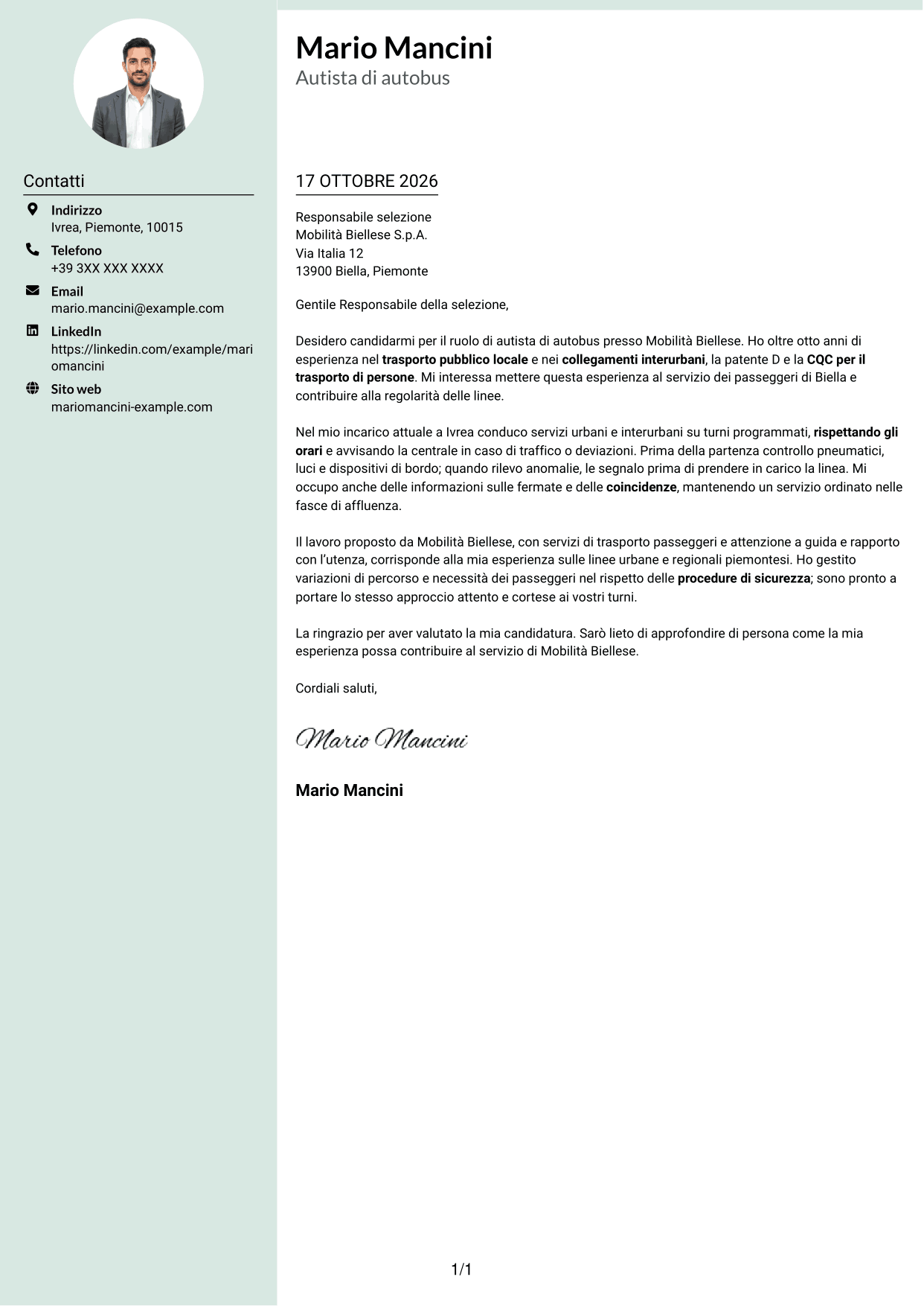 Lettera di presentazione Dirigente (formato con colonna laterale tenue e foto arrotondata): Autista di autobus - Trasporto pubblico locale, pagina 1