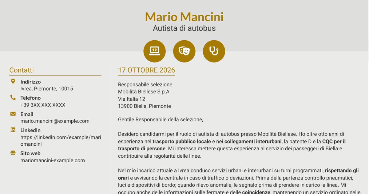 7 modelli di lettera di presentazione per Autista di autobus - Trasporto pubblico locale, con esempi