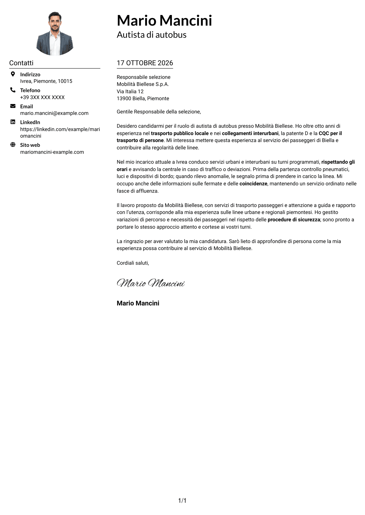Esempio di lettera di presentazione — pagina 1