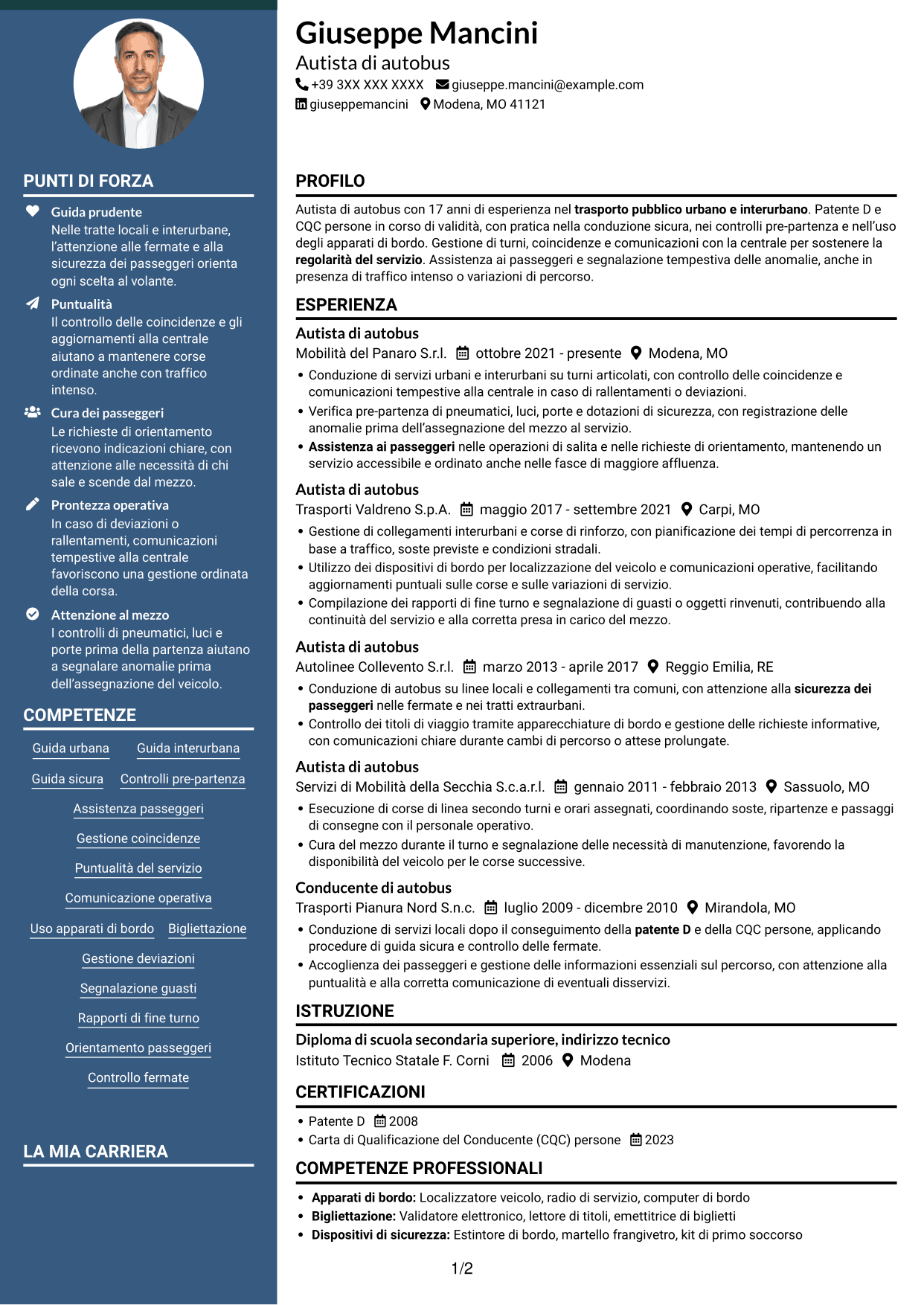 CV Elegante (formato con colonna laterale colorata e foto): Autista di autobus - Trasporto urbano e interurbano, pagina 1