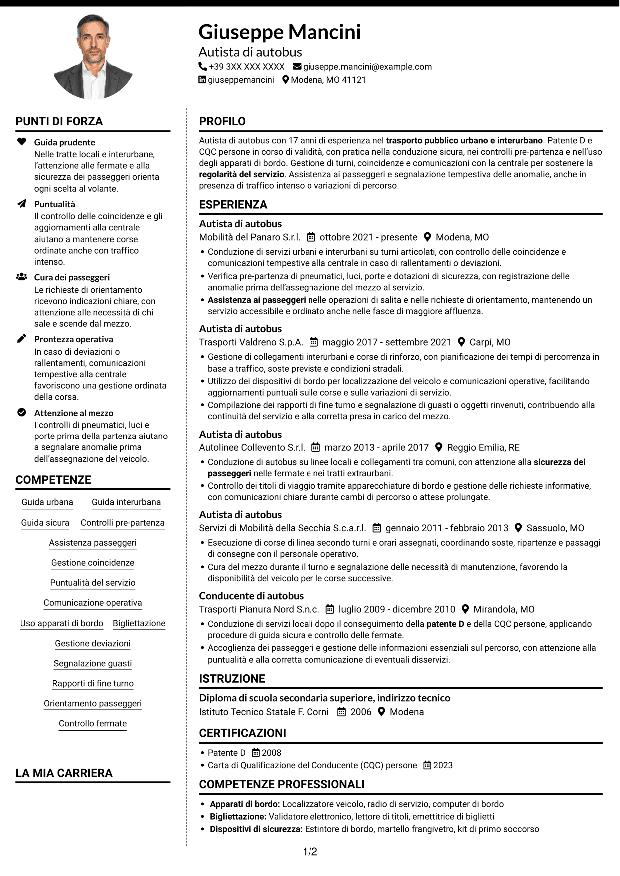 CV Moderno (formato a due colonne con foto a sinistra e separatore): Autista di autobus - Trasporto urbano e interurbano, pagina 1