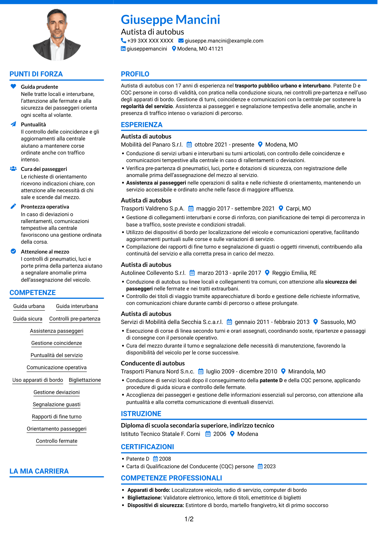 CV Audace (formato a due colonne con accenti colorati e foto): Autista di autobus - Trasporto urbano e interurbano, pagina 1