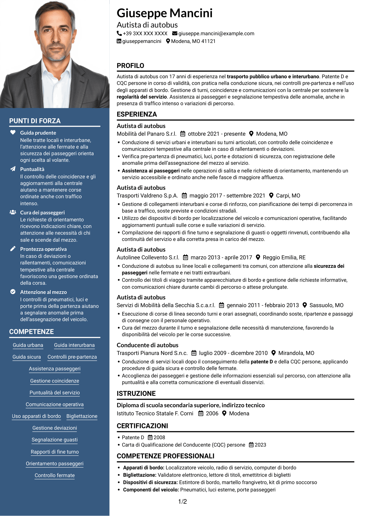 CV Signature (formato con colonna laterale colorata e foto grande): Autista di autobus - Trasporto urbano e interurbano, pagina 1