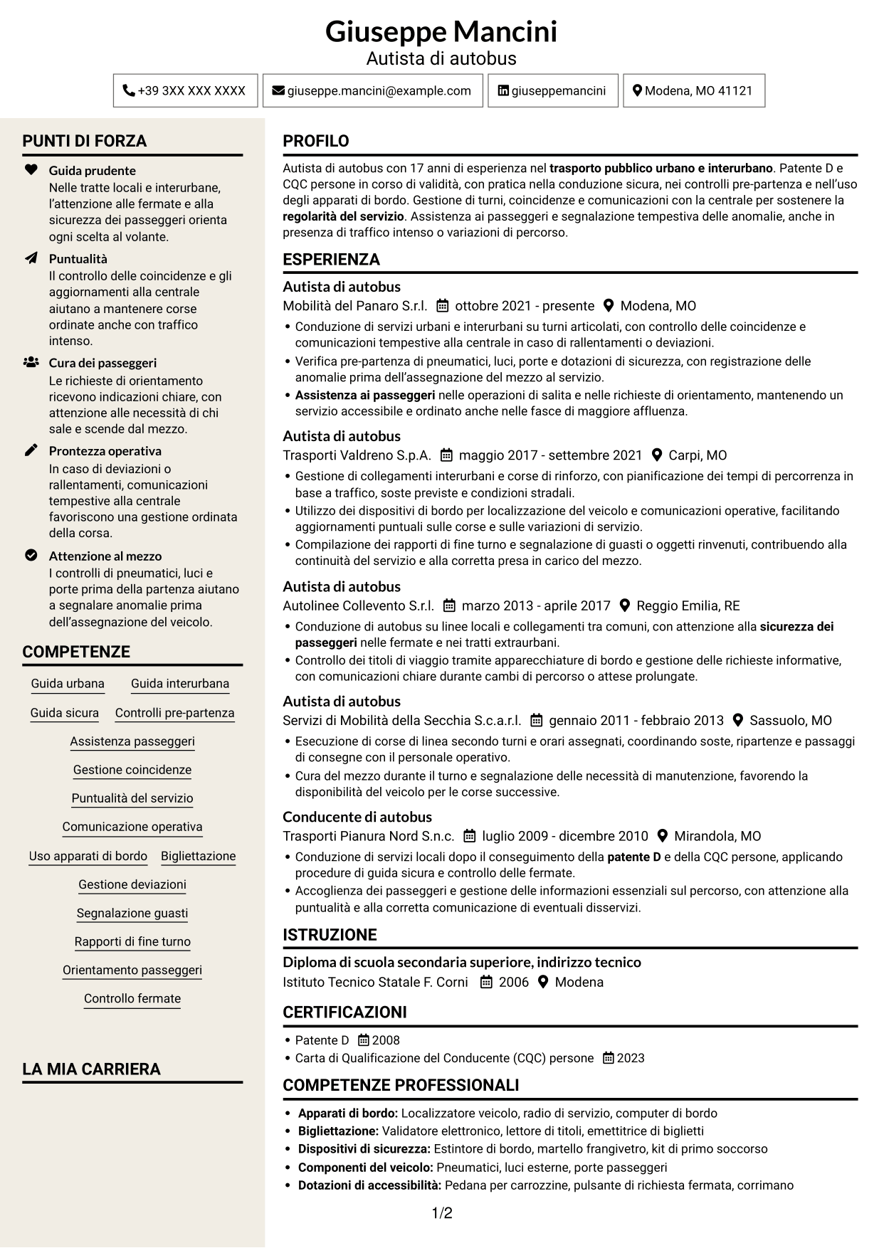 CV Intraprendente (formato a due colonne con intestazione centrata senza foto): Autista di autobus - Trasporto urbano e interurbano, pagina 1