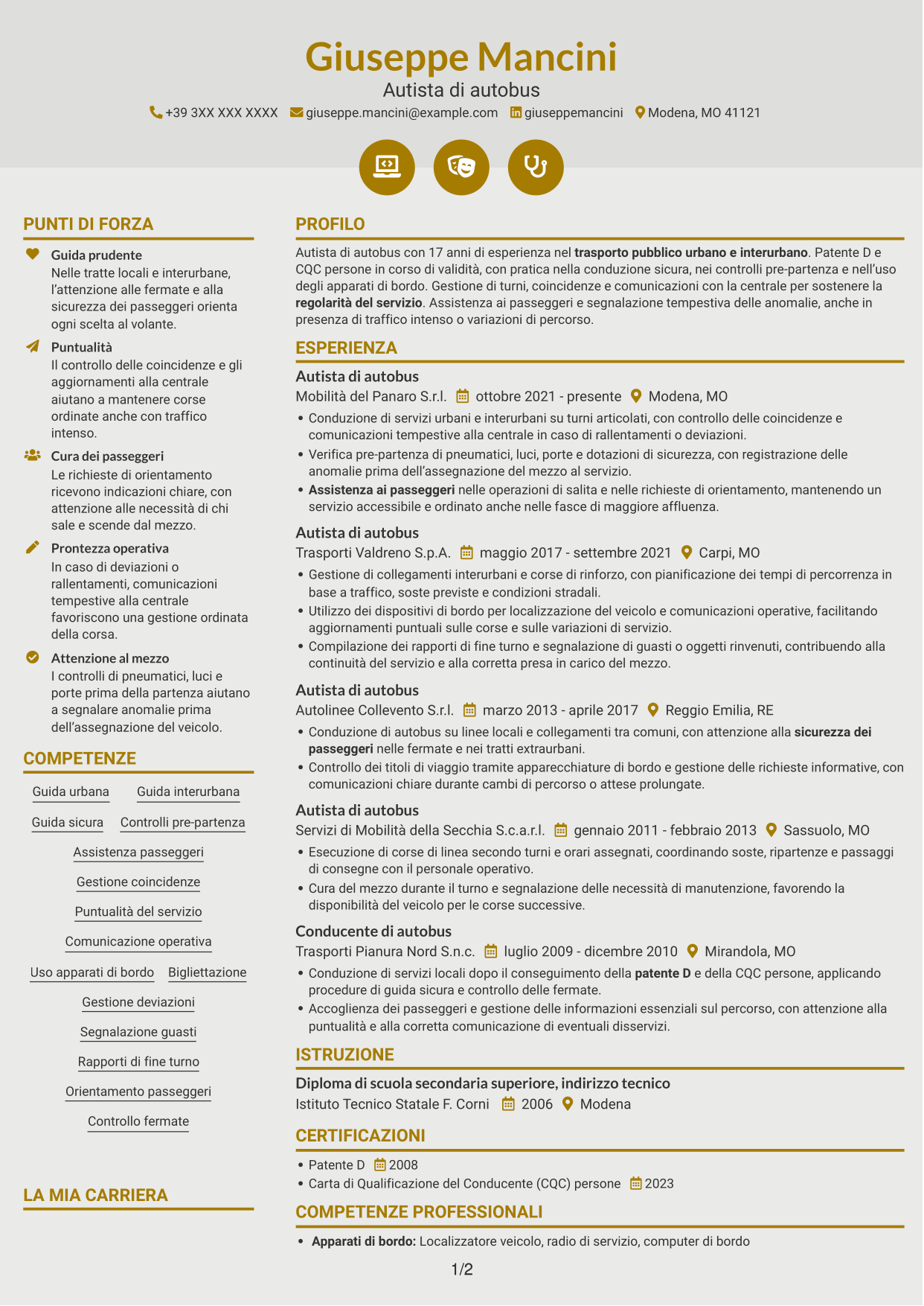 CV Dinamico (formato a due colonne con icone): Autista di autobus - Trasporto urbano e interurbano, pagina 1