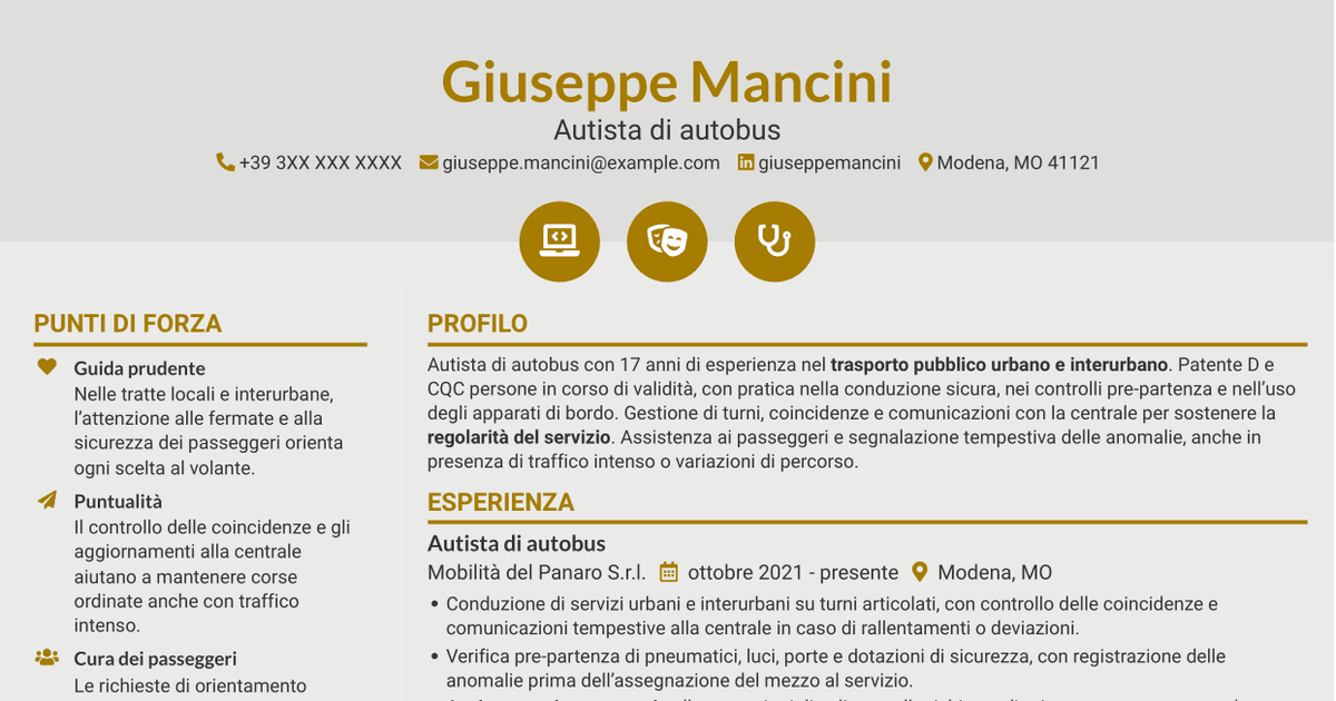 7 modelli di CV per Autista di autobus - Trasporto urbano e interurbano, con esempi