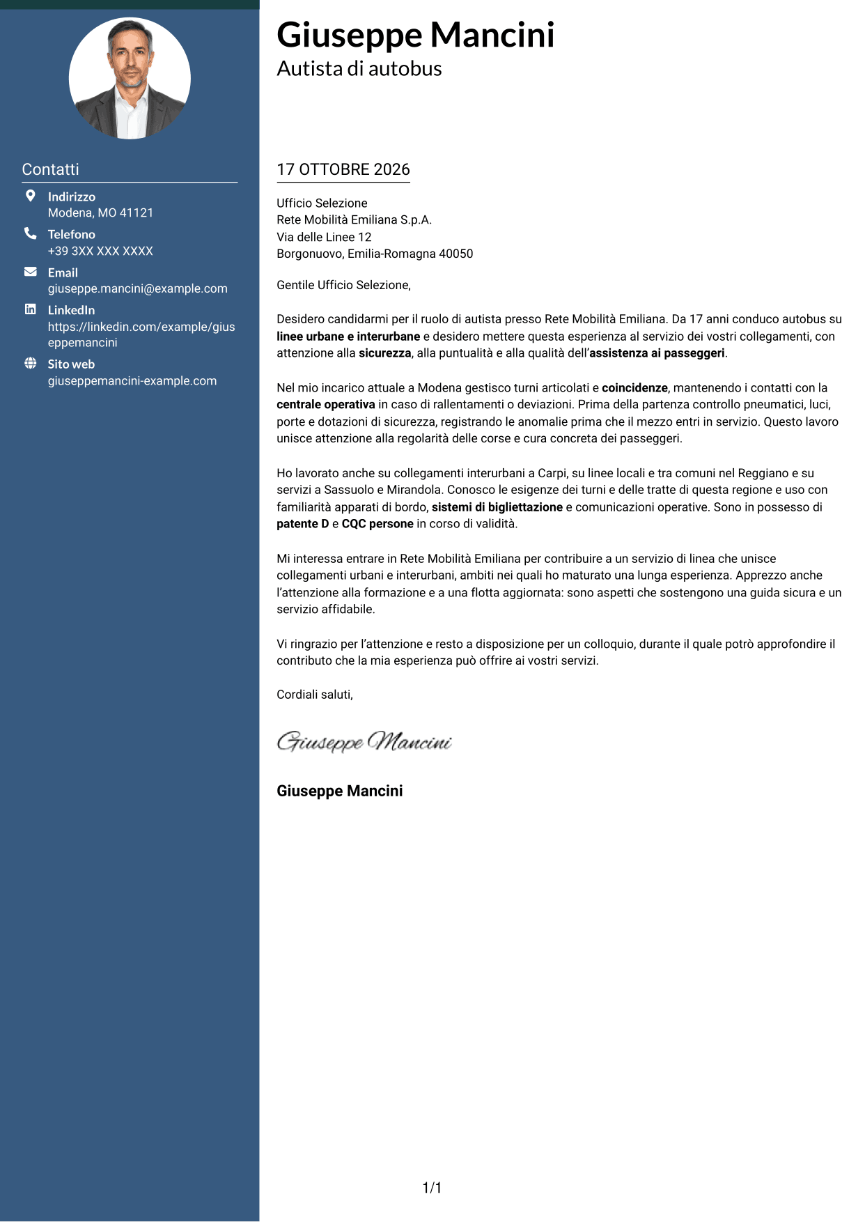 Lettera di presentazione Elegante (formato con colonna laterale colorata e foto): Autista di autobus - Trasporto urbano e interurbano, pagina 1