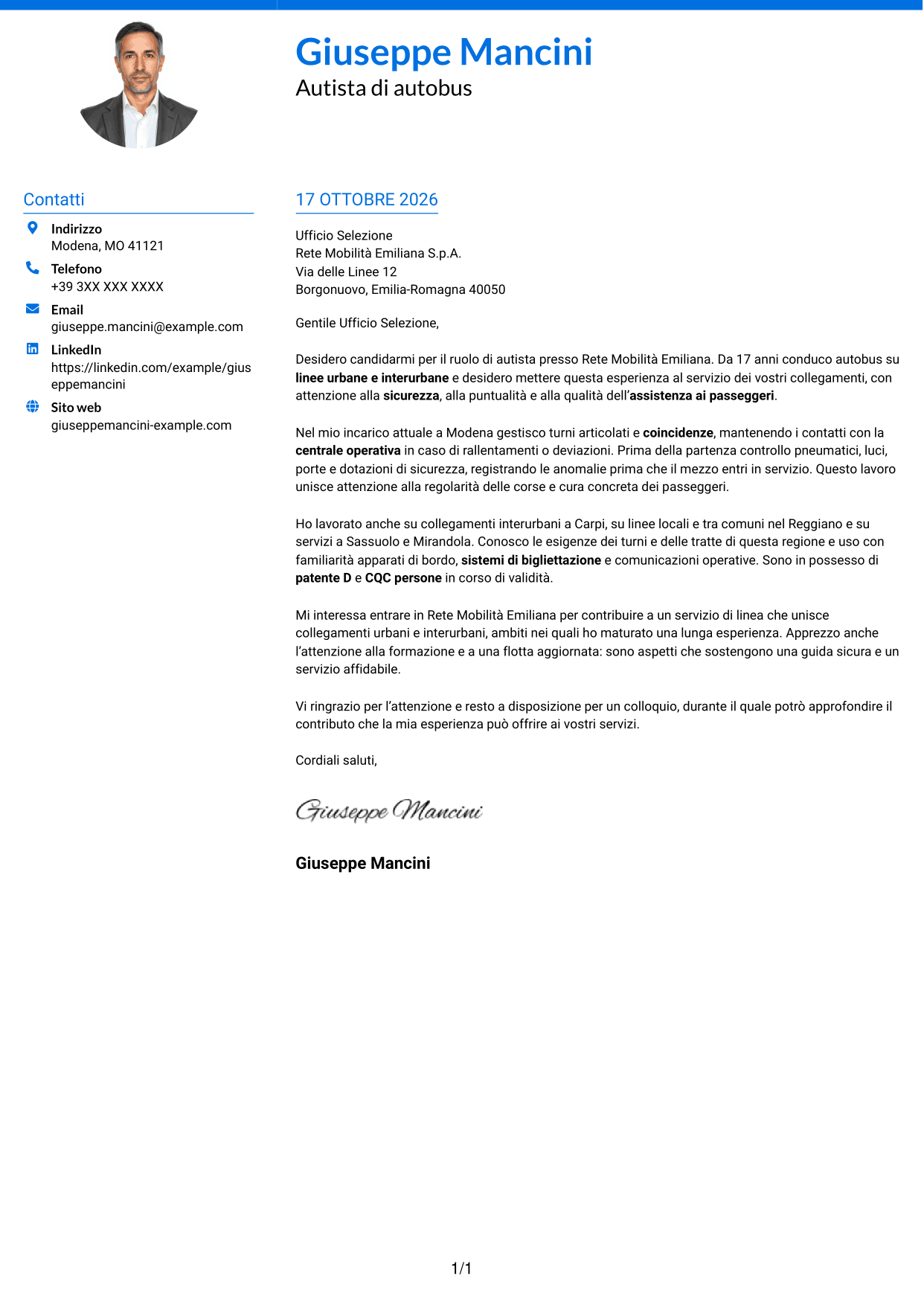 Lettera di presentazione Audace (formato a due colonne con accenti colorati e foto): Autista di autobus - Trasporto urbano e interurbano, pagina 1