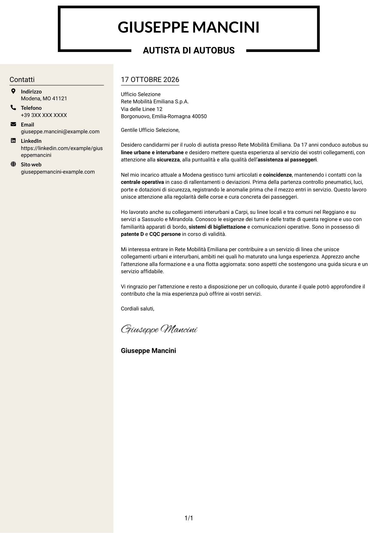 Lettera di presentazione Intraprendente (formato a due colonne con intestazione centrata senza foto): Autista di autobus - Trasporto urbano e interurbano, pagina 1