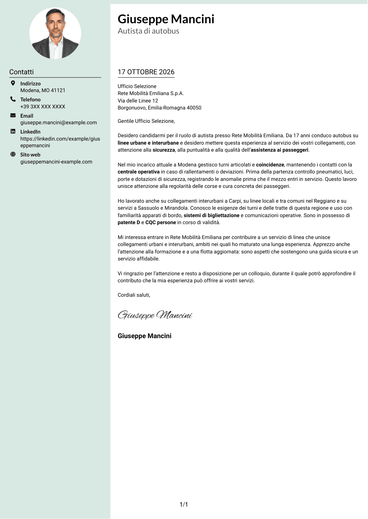 Lettera di presentazione Dirigente (formato con colonna laterale tenue e foto arrotondata): Autista di autobus - Trasporto urbano e interurbano, pagina 1