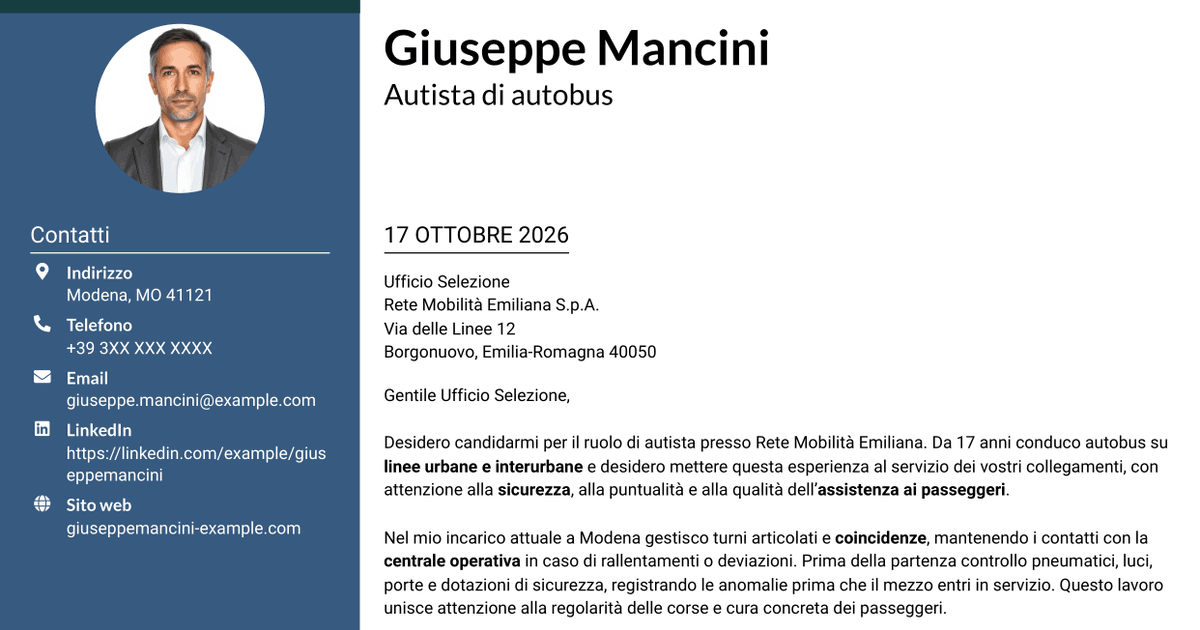 7 modelli di lettera di presentazione per Autista di autobus - Trasporto urbano e interurbano, con esempi