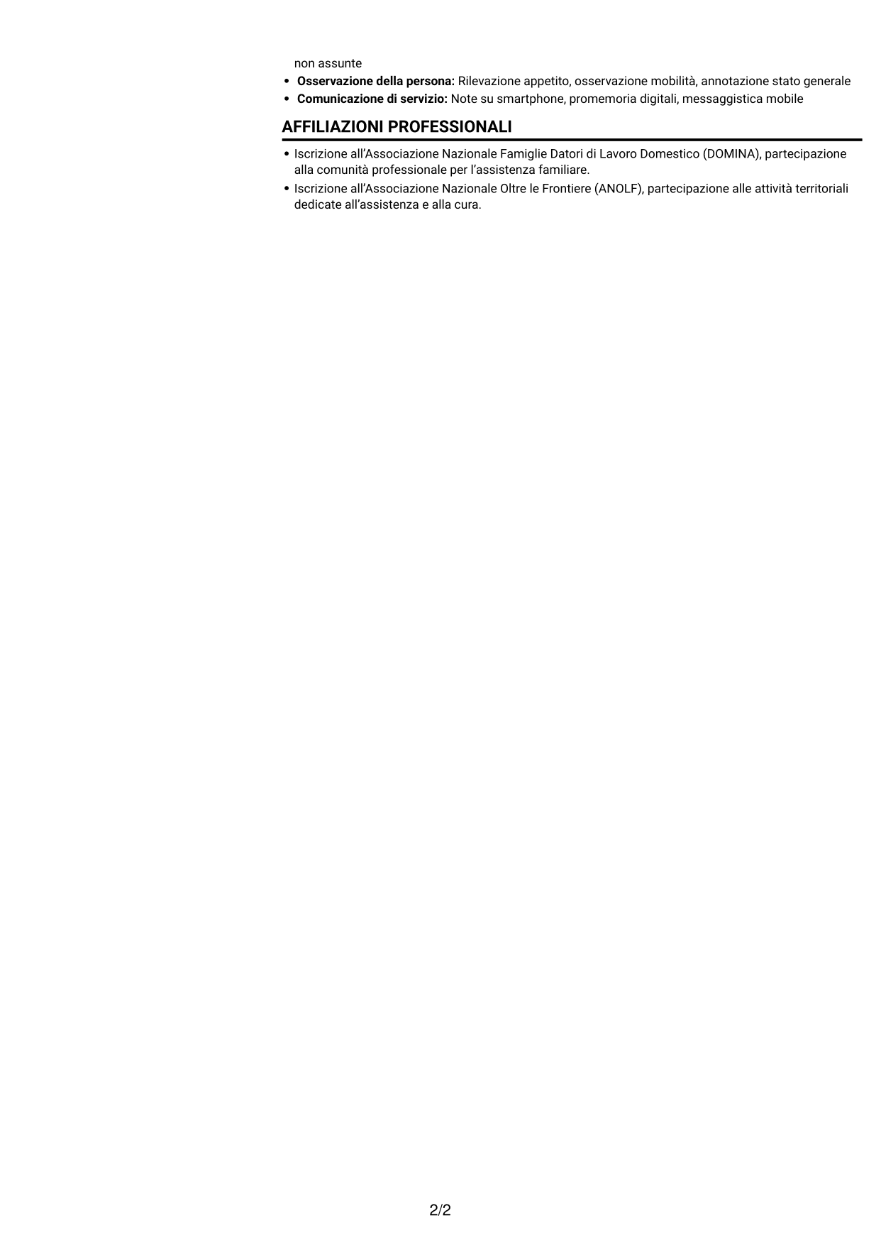 CV Compatto (formato sobrio a due colonne con foto): Badante - Assistenza domiciliare agli anziani, pagina 2