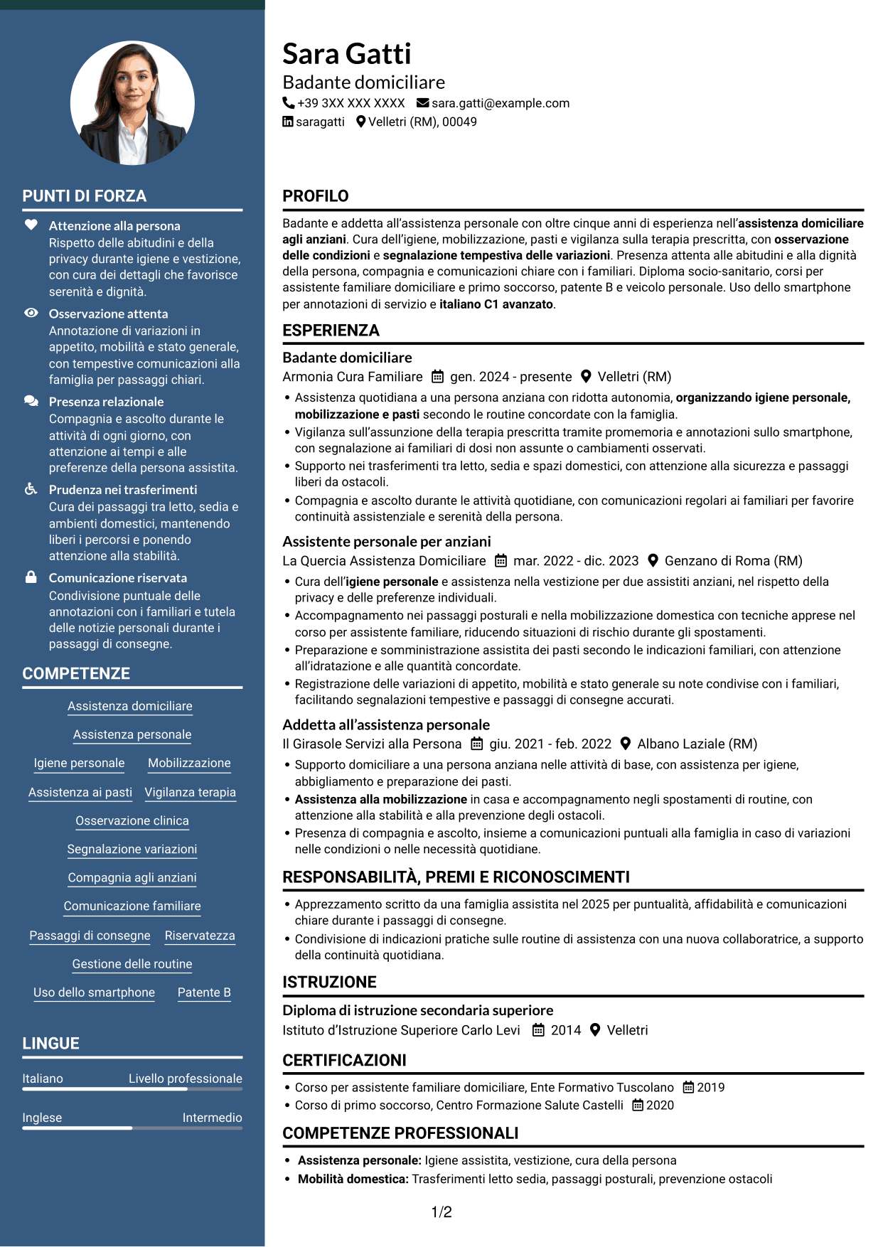 CV Elegante (formato con colonna laterale colorata e foto): Badante - Assistenza domiciliare agli anziani, pagina 1