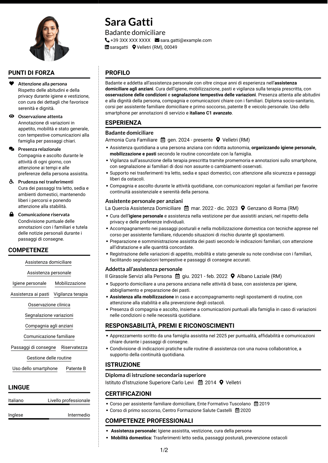 CV Moderno (formato a due colonne con foto a sinistra e separatore): Badante - Assistenza domiciliare agli anziani, pagina 1