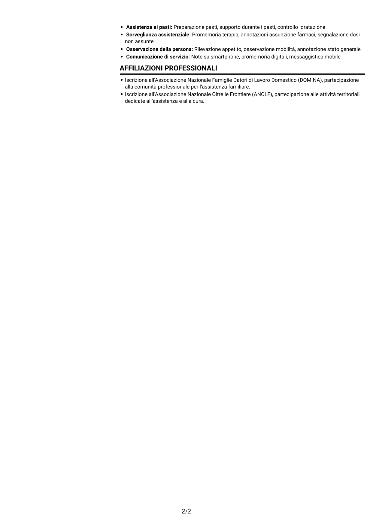 CV Moderno (formato a due colonne con foto a sinistra e separatore): Badante - Assistenza domiciliare agli anziani, pagina 2