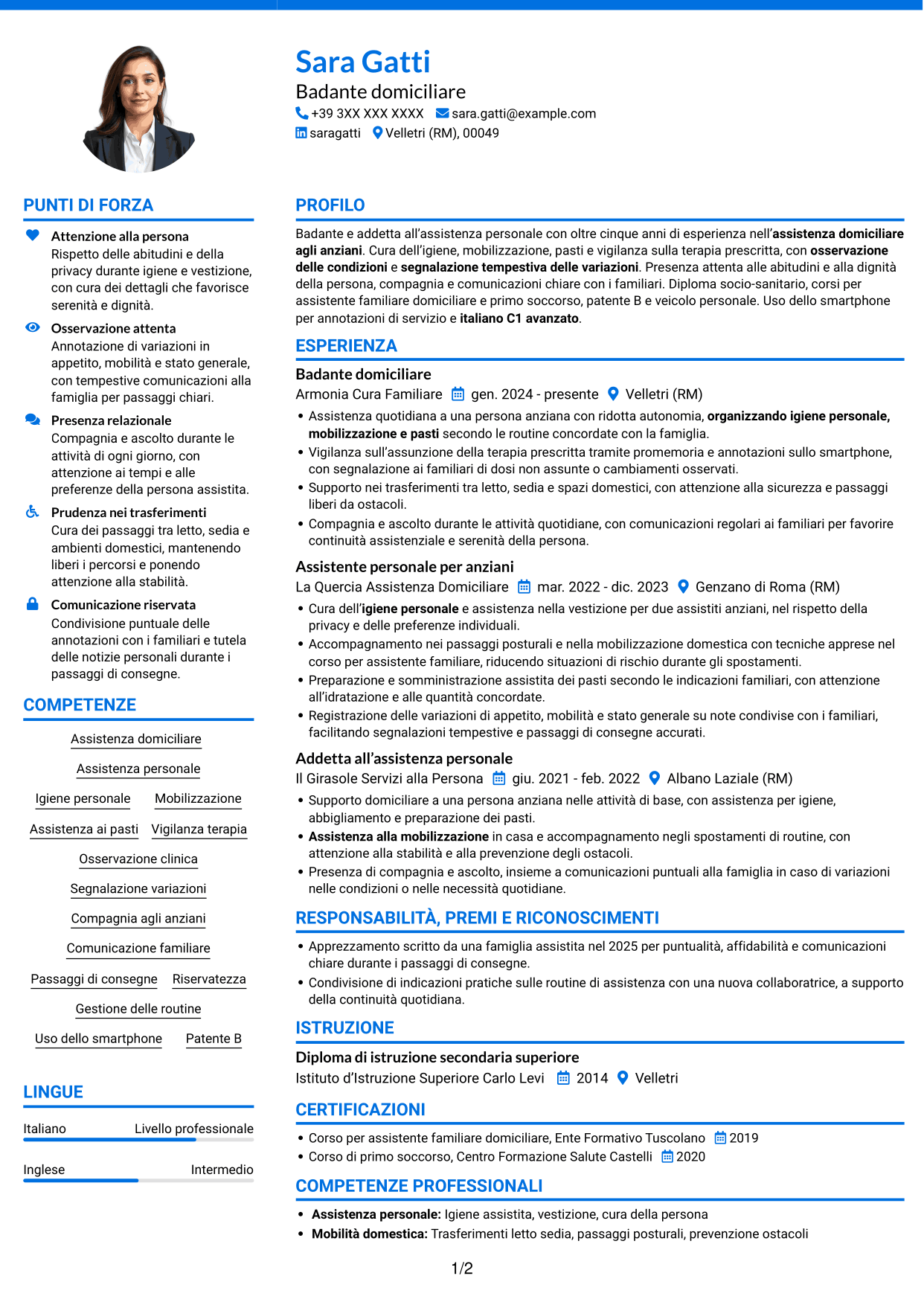 CV Audace (formato a due colonne con accenti colorati e foto): Badante - Assistenza domiciliare agli anziani, pagina 1