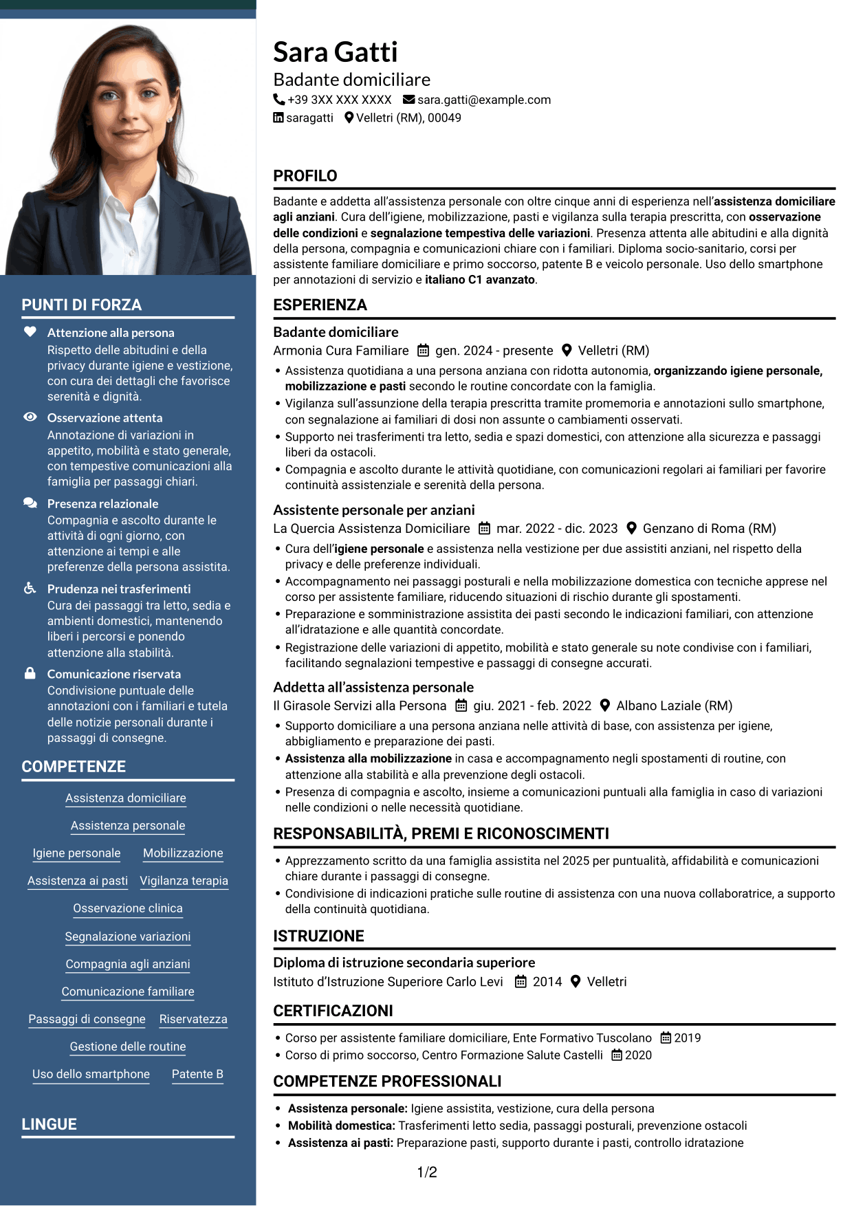 CV Signature (formato con colonna laterale colorata e foto grande): Badante - Assistenza domiciliare agli anziani, pagina 1