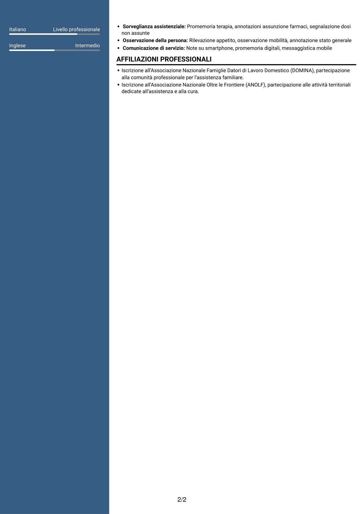 CV Signature (formato con colonna laterale colorata e foto grande): Badante - Assistenza domiciliare agli anziani, pagina 2
