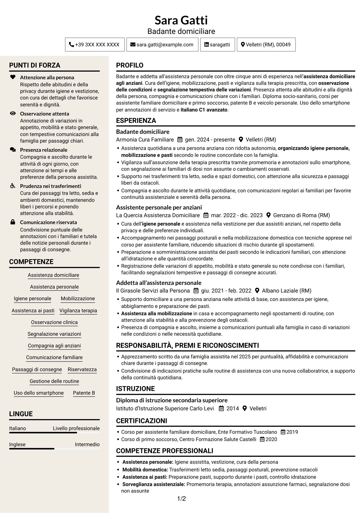 CV Intraprendente (formato a due colonne con intestazione centrata senza foto): Badante - Assistenza domiciliare agli anziani, pagina 1