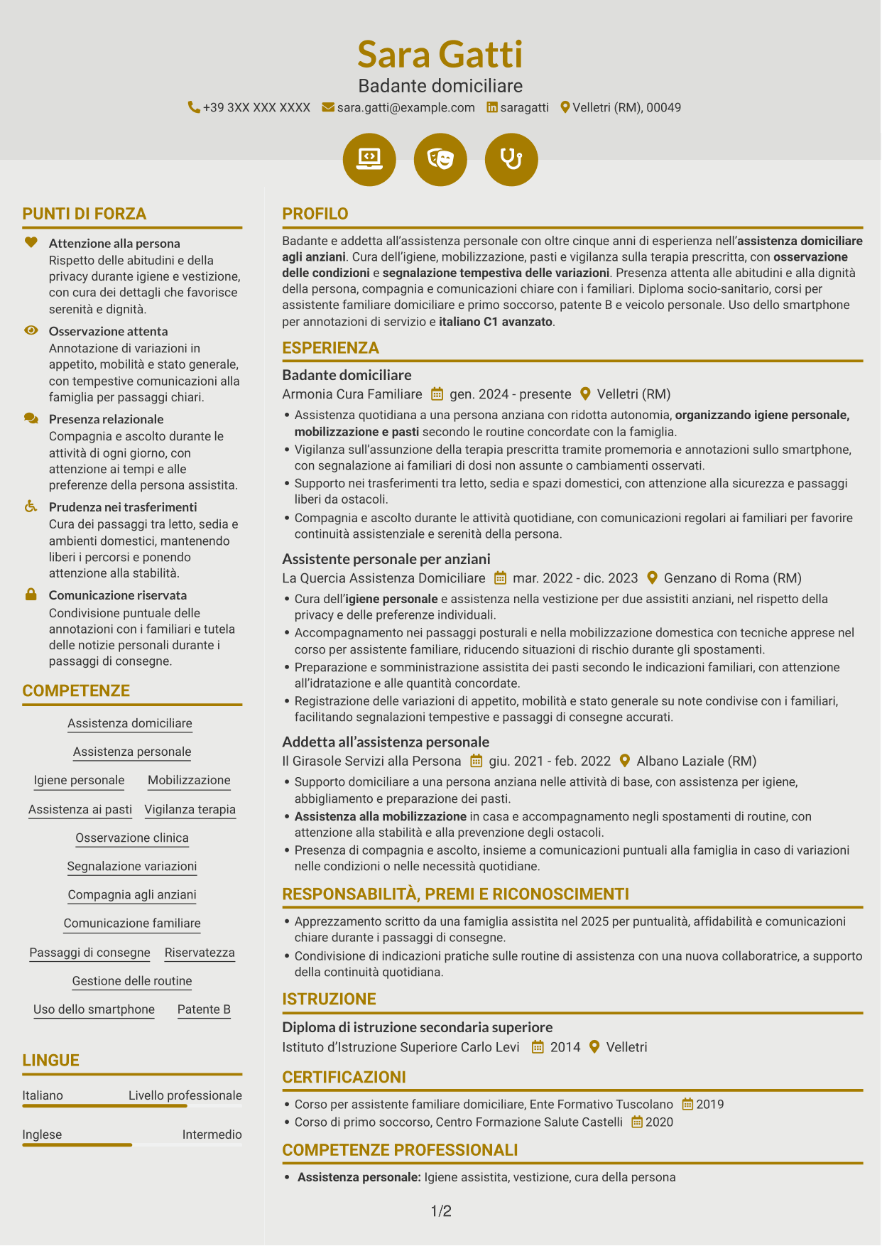 CV Dinamico (formato a due colonne con icone): Badante - Assistenza domiciliare agli anziani, pagina 1