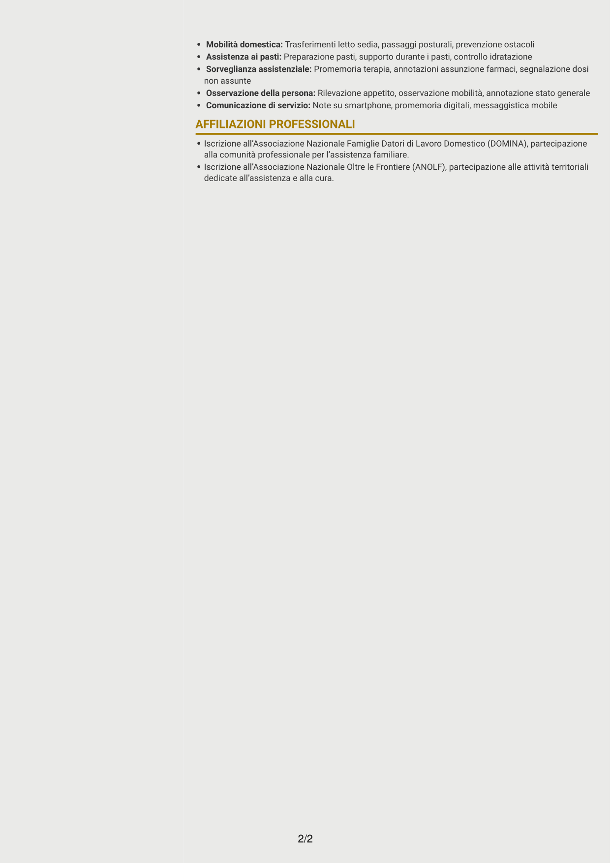CV Dinamico (formato a due colonne con icone): Badante - Assistenza domiciliare agli anziani, pagina 2