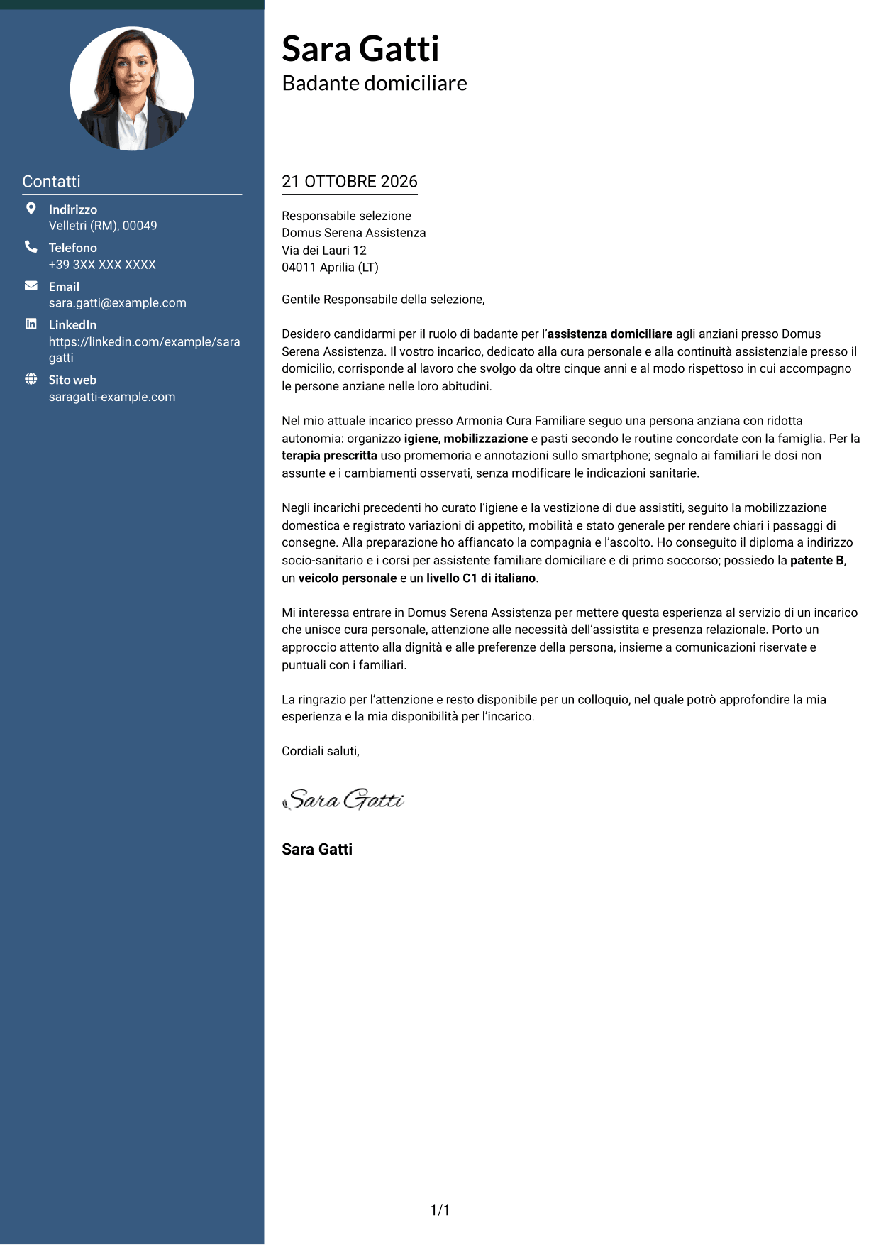 Lettera di presentazione Elegante (formato con colonna laterale colorata e foto): Badante - Assistenza domiciliare agli anziani, pagina 1