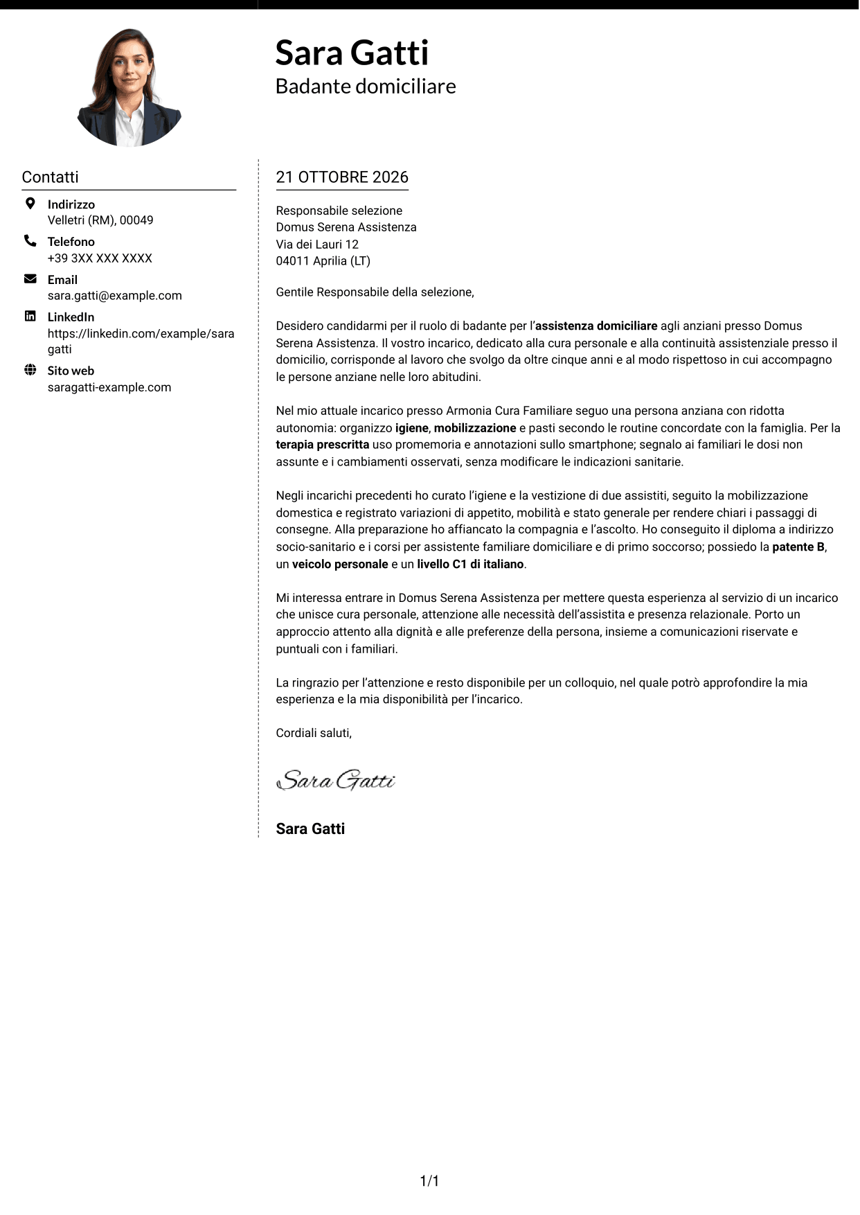 Lettera di presentazione Moderno (formato a due colonne con foto a sinistra e separatore): Badante - Assistenza domiciliare agli anziani, pagina 1