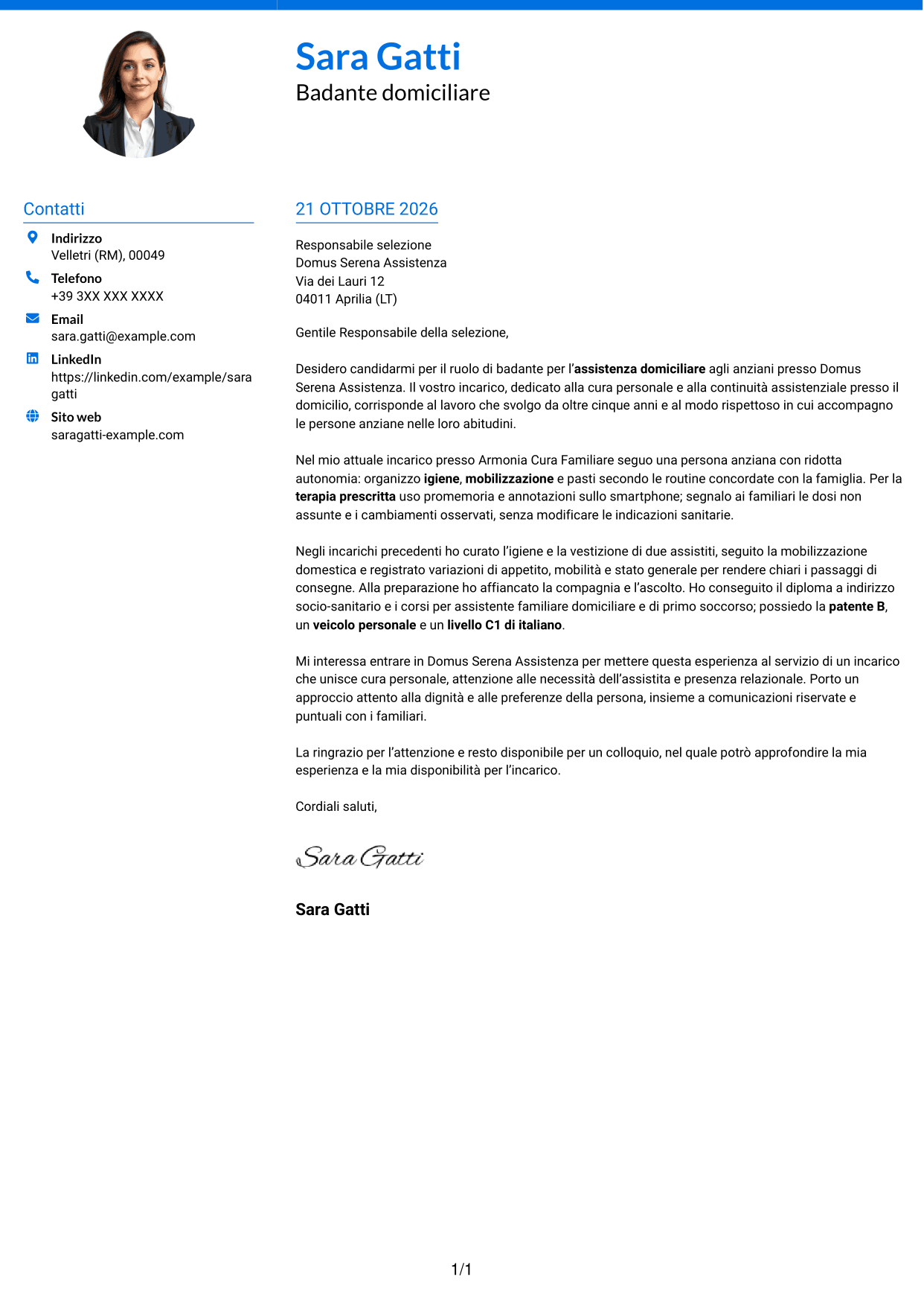 Lettera di presentazione Audace (formato a due colonne con accenti colorati e foto): Badante - Assistenza domiciliare agli anziani, pagina 1