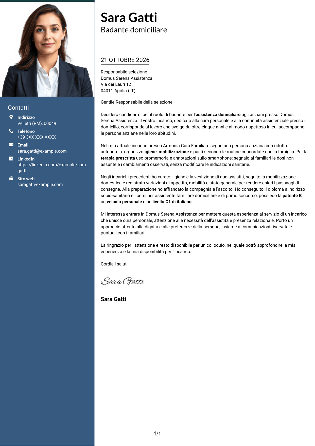 Lettera di presentazione Signature (formato con colonna laterale colorata e foto grande): Badante - Assistenza domiciliare agli anziani, pagina 1